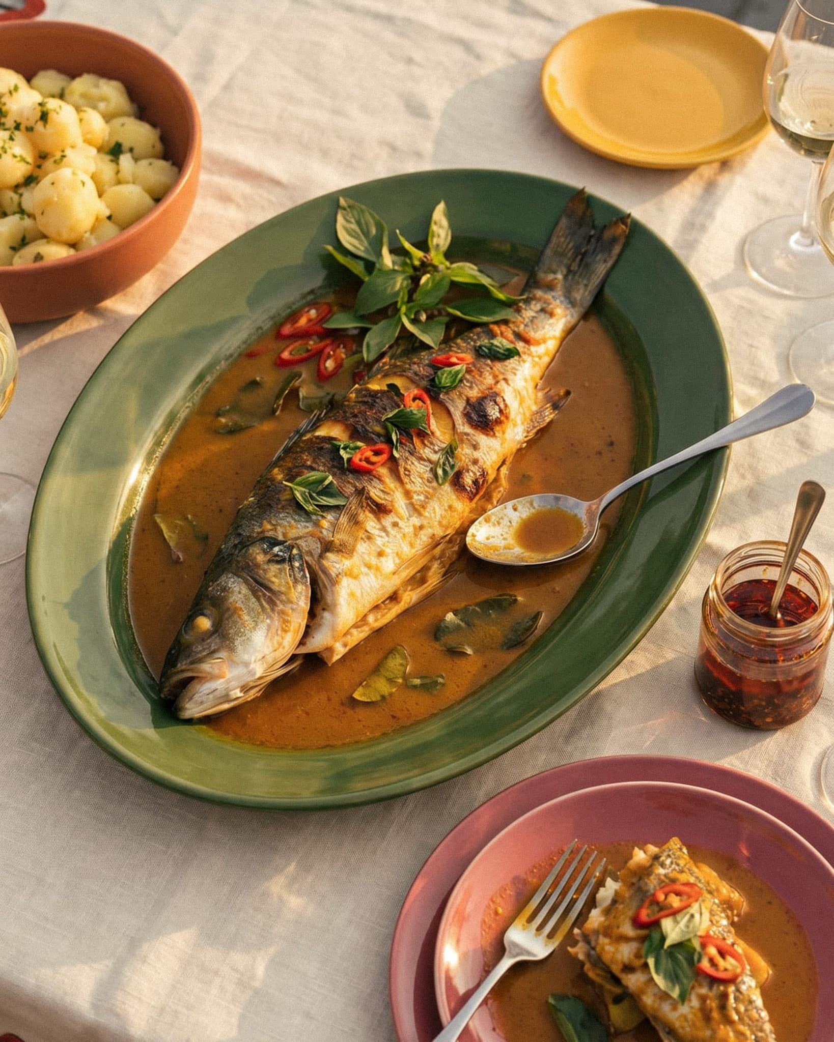 Shared dishes on a table for a dinner at home