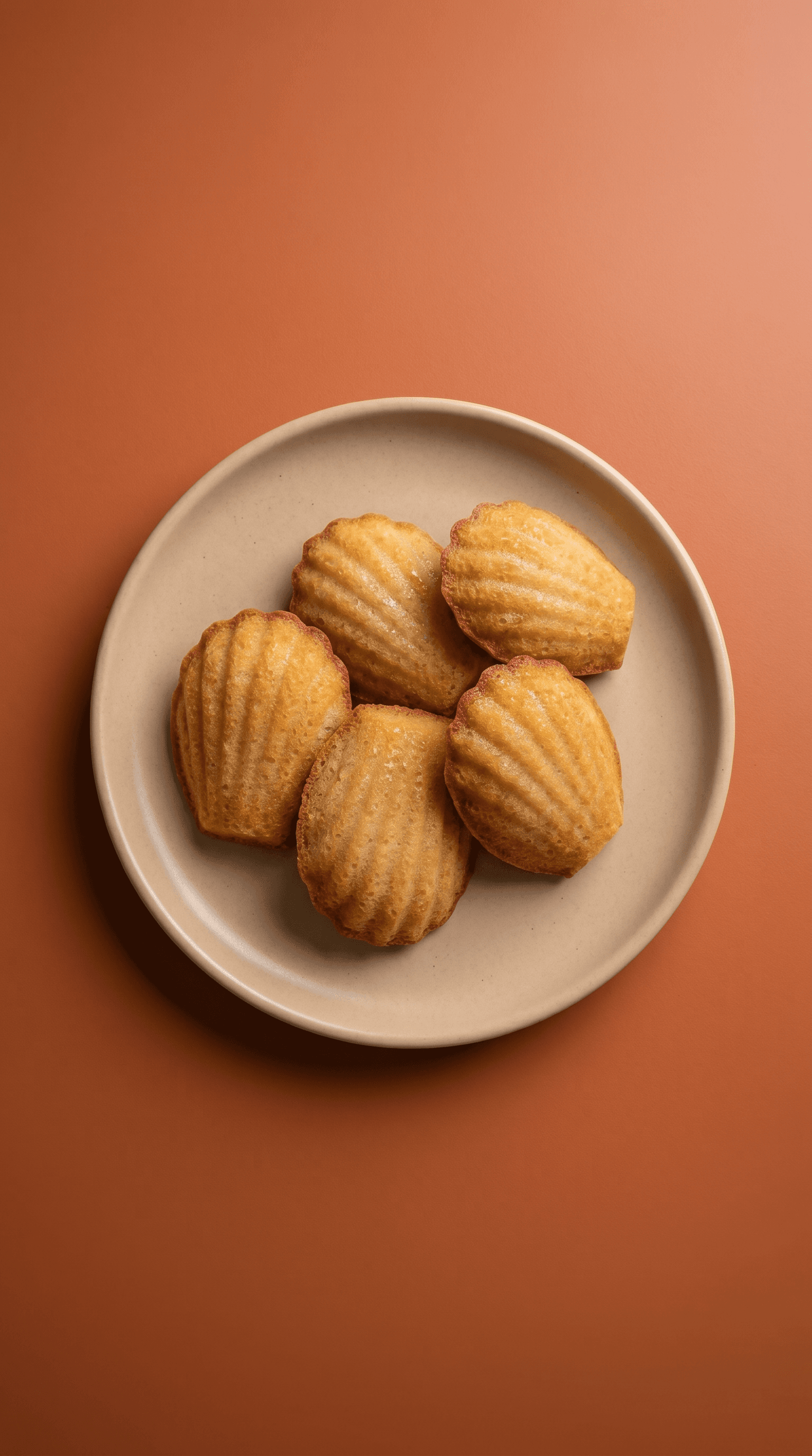 Madeleines françaises classiques, dorées et en forme de coquille, disposées sur une assiette en céramique beige sur un fond terracotta chaleureux