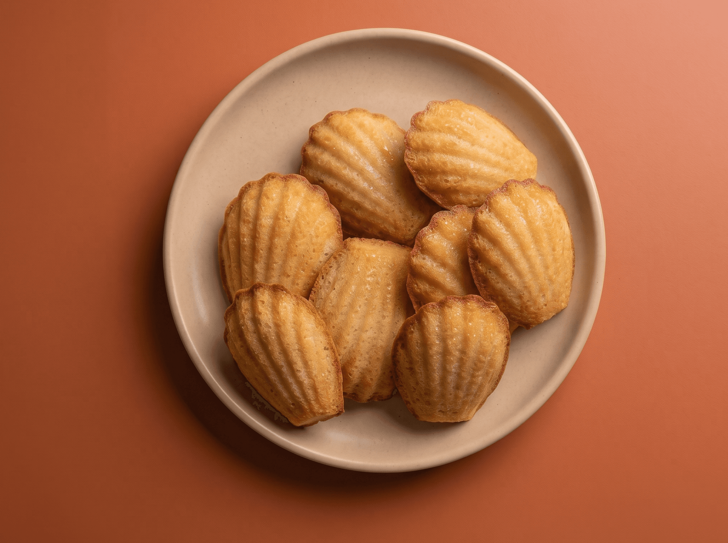 Five golden French madeleines arranged on a ceramic plate