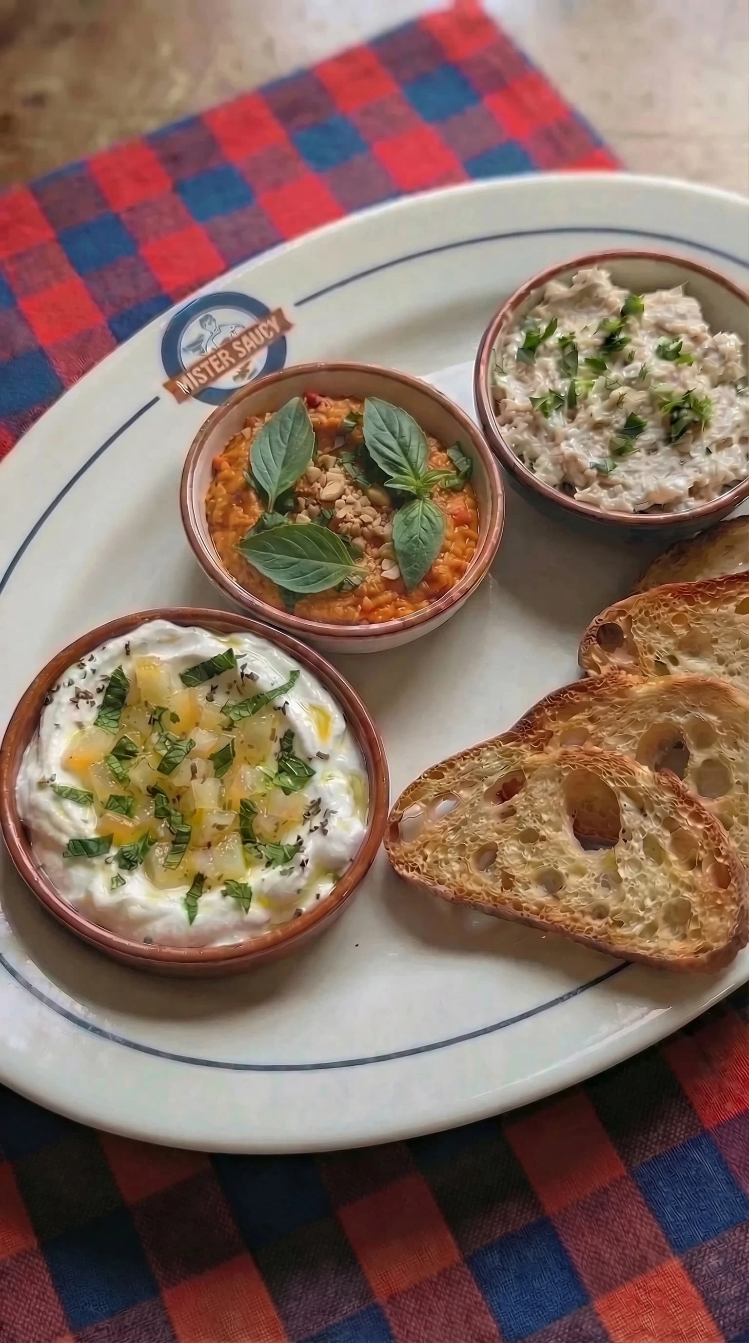 Artisan Sourdough Aperitif Trio with Preserved Lemon Labneh, Thai Basil Pepper Dip, and Bistro Tuna Rillettes