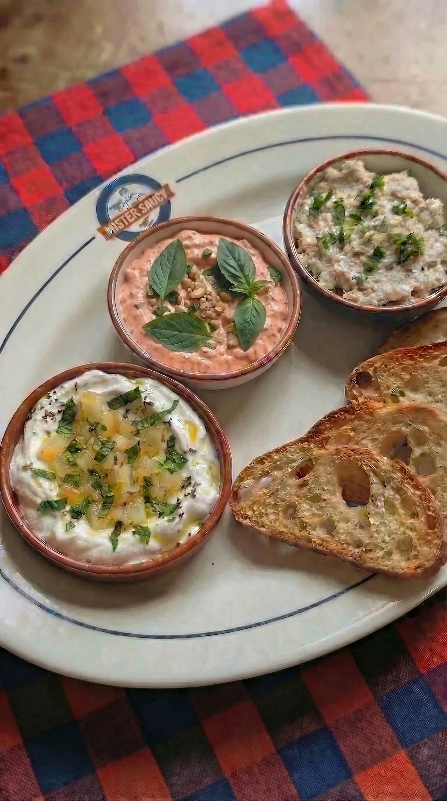 Artisan Sourdough Aperitif Trio with Preserved Lemon Labneh, Thai Basil Pepper Dip, and Bistro Tuna Rillettes