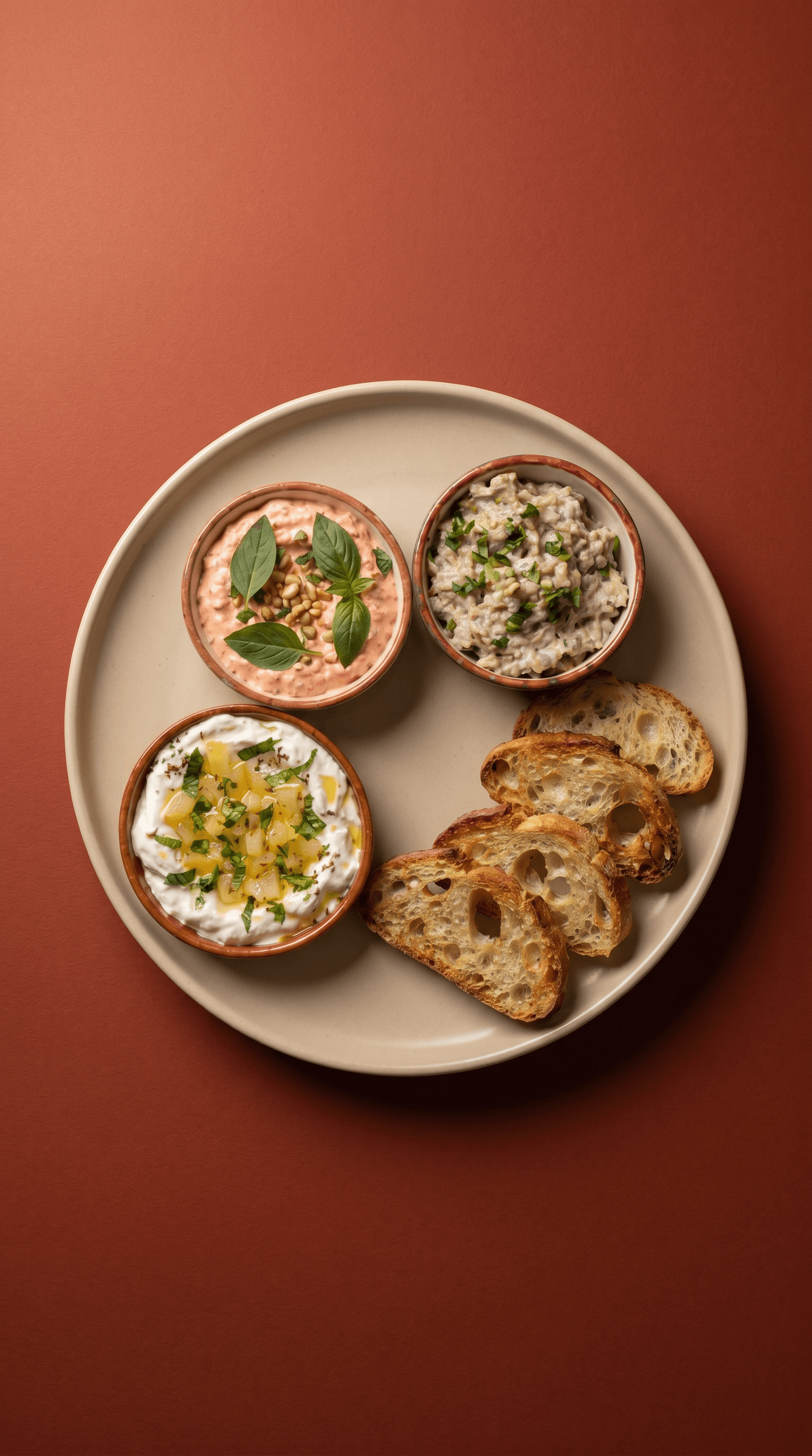 Artisan Sourdough Aperitif Trio with Preserved Lemon Labneh, Thai Basil Pepper Dip, and Bistro Tuna Rillettes