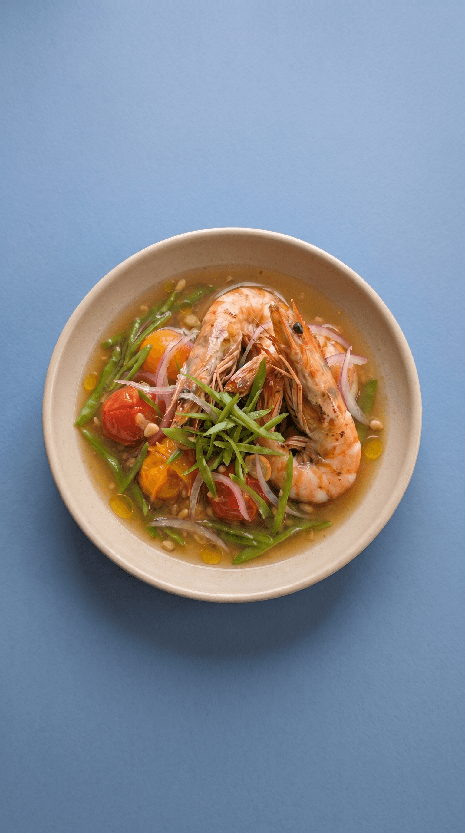 Aangebraden Gambas met Dashi-Geïnfundeerde Kerstomaten & Gemarineerde Rode Ui van Mr. Saucy