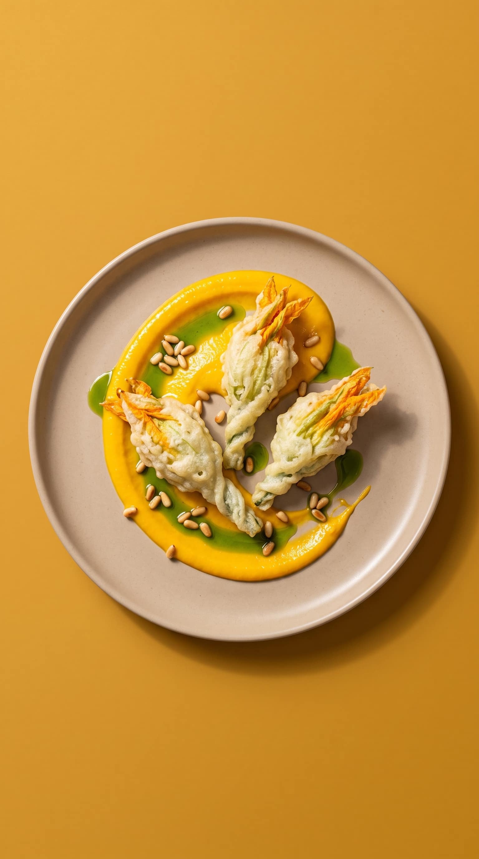 Recipe image: Fleurs de courgette farcies en tempura, fromage de chèvre fouetté et coulis de poivrons jaunes