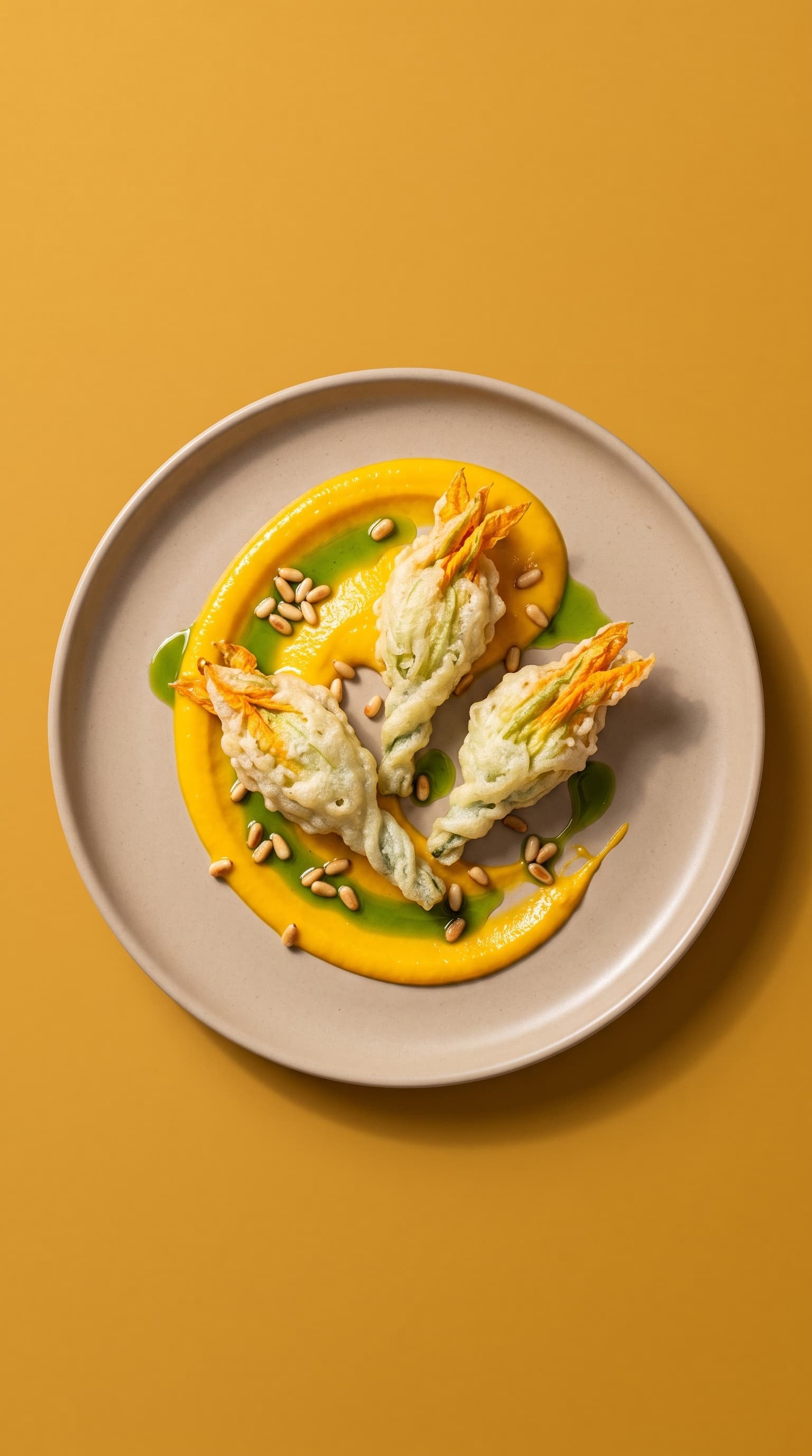 Fleurs de courgette farcies en tempura, fromage de chèvre fouetté et coulis de poivrons jaunes