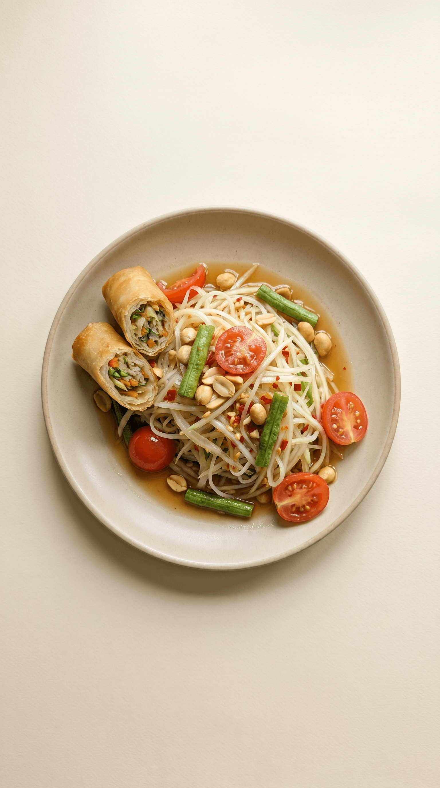 Recipe image: Green Papaya Salad with Crispy Spring Rolls (Som Tam Pao Thod)