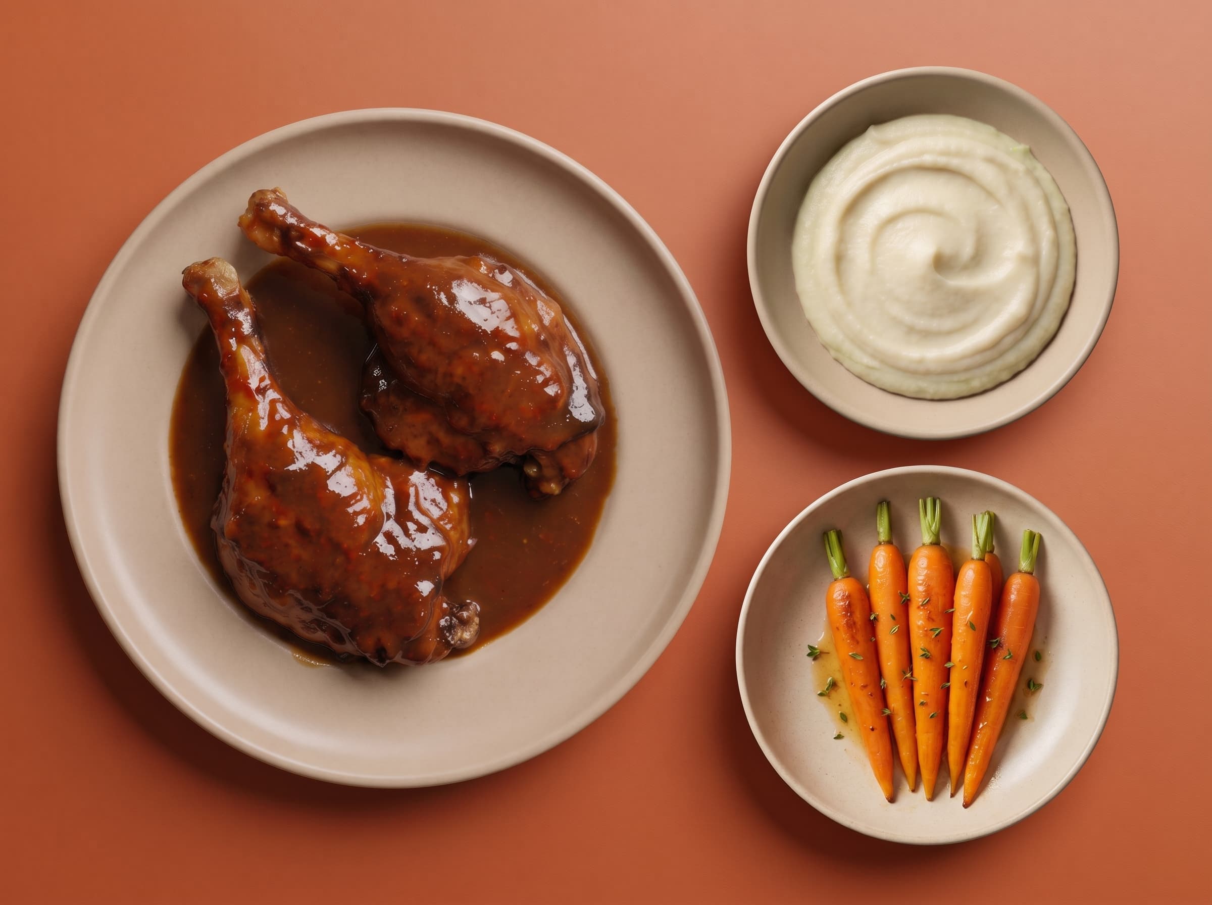Top-down shot of two glossy gochujang-glazed duck thighs with drumsticks attached, resting in a pool of thick dark sauce on a beige ceramic plate against a warm terracotta background