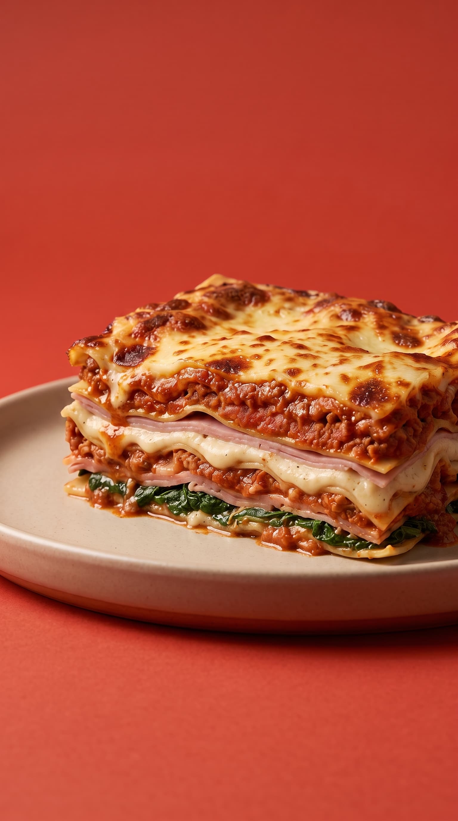 Classical Lasagna alla Bolognese with Spinach and Cooked Ham