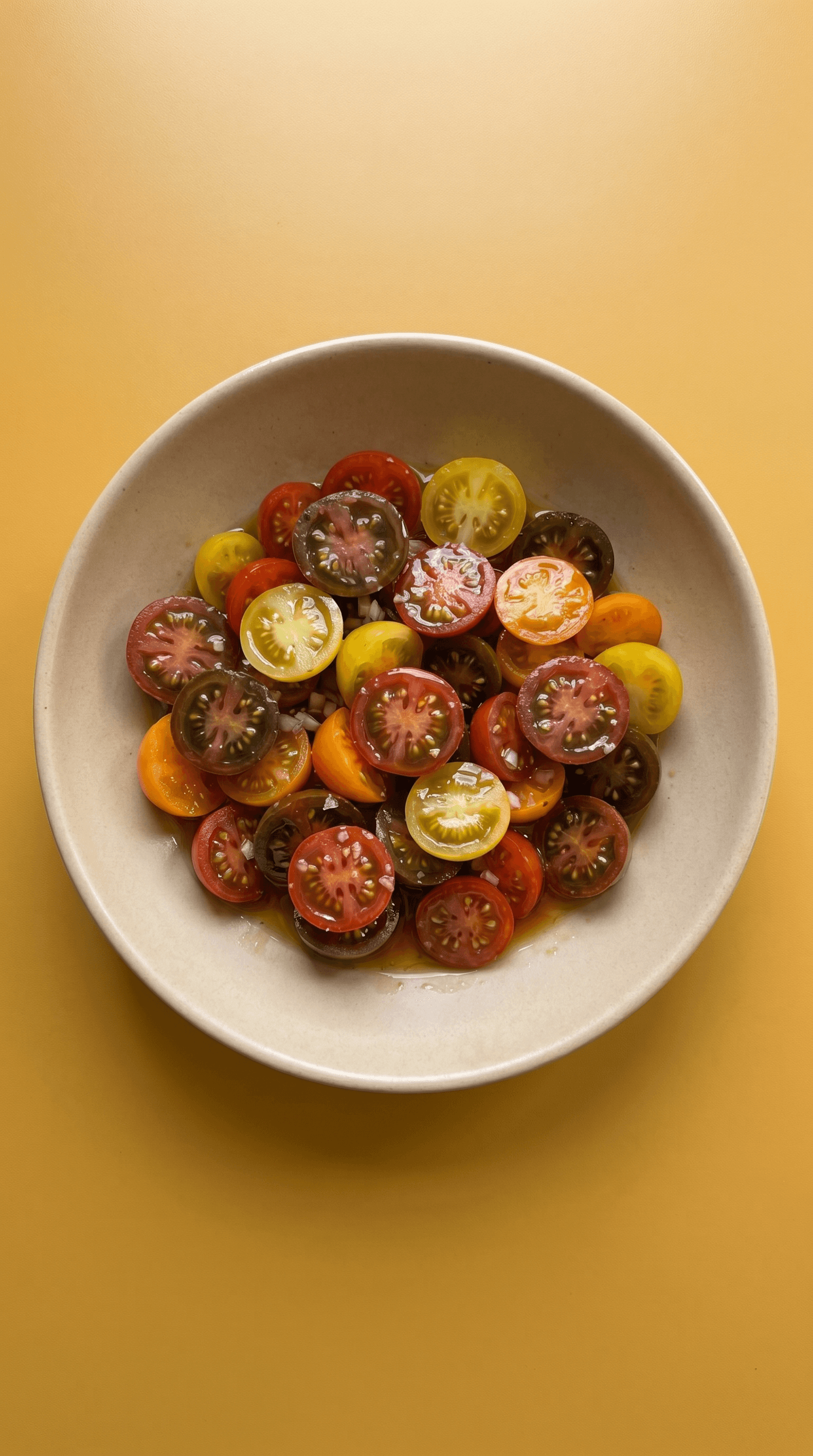 Colourful cherry tomato salad with wild garlic dressing in a ceramic bowl