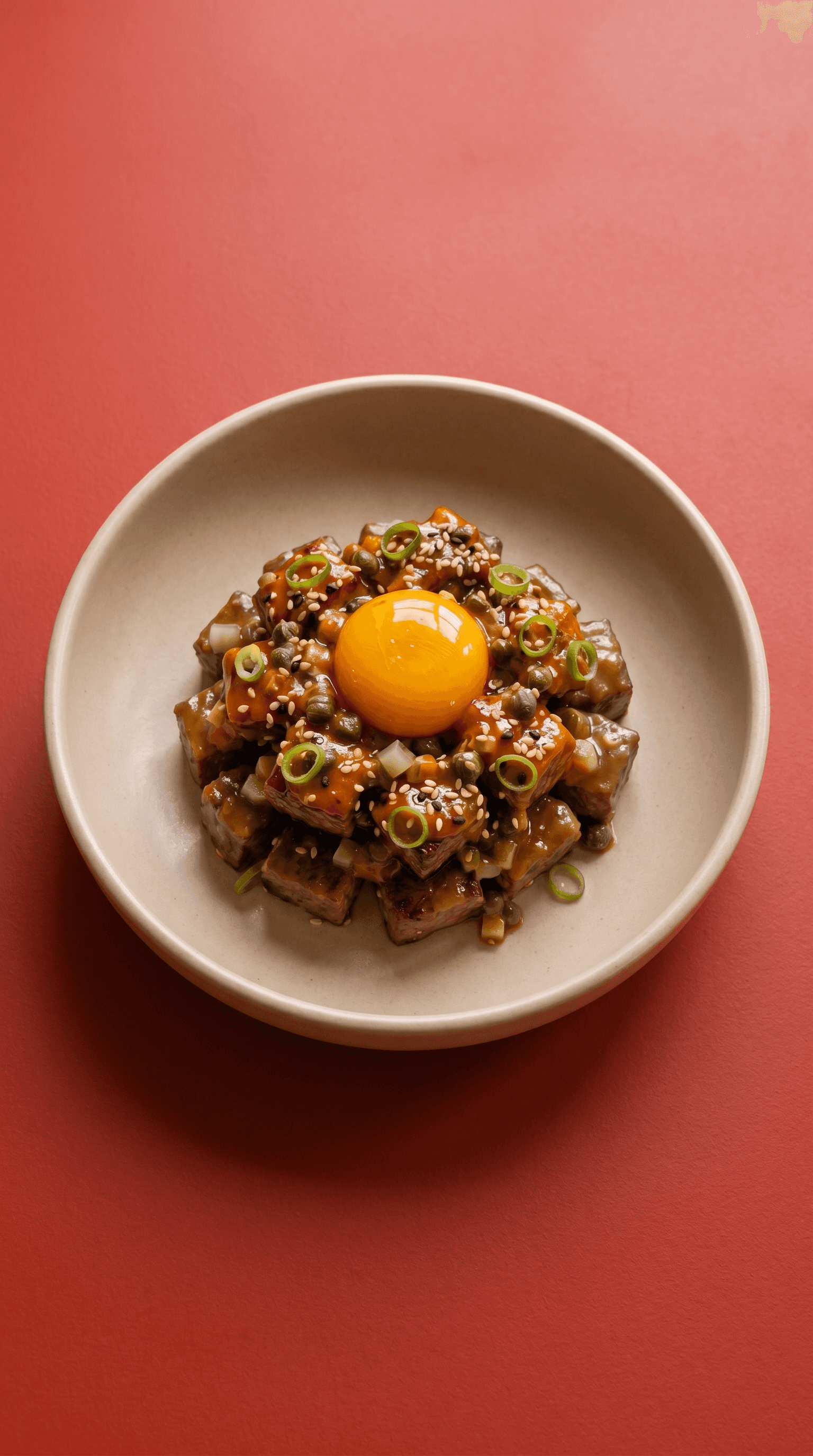 Tataki Beef Cube Tartare with Gochujang-Dijon Mayo & Confit Egg Yolk de Mr. Saucy
