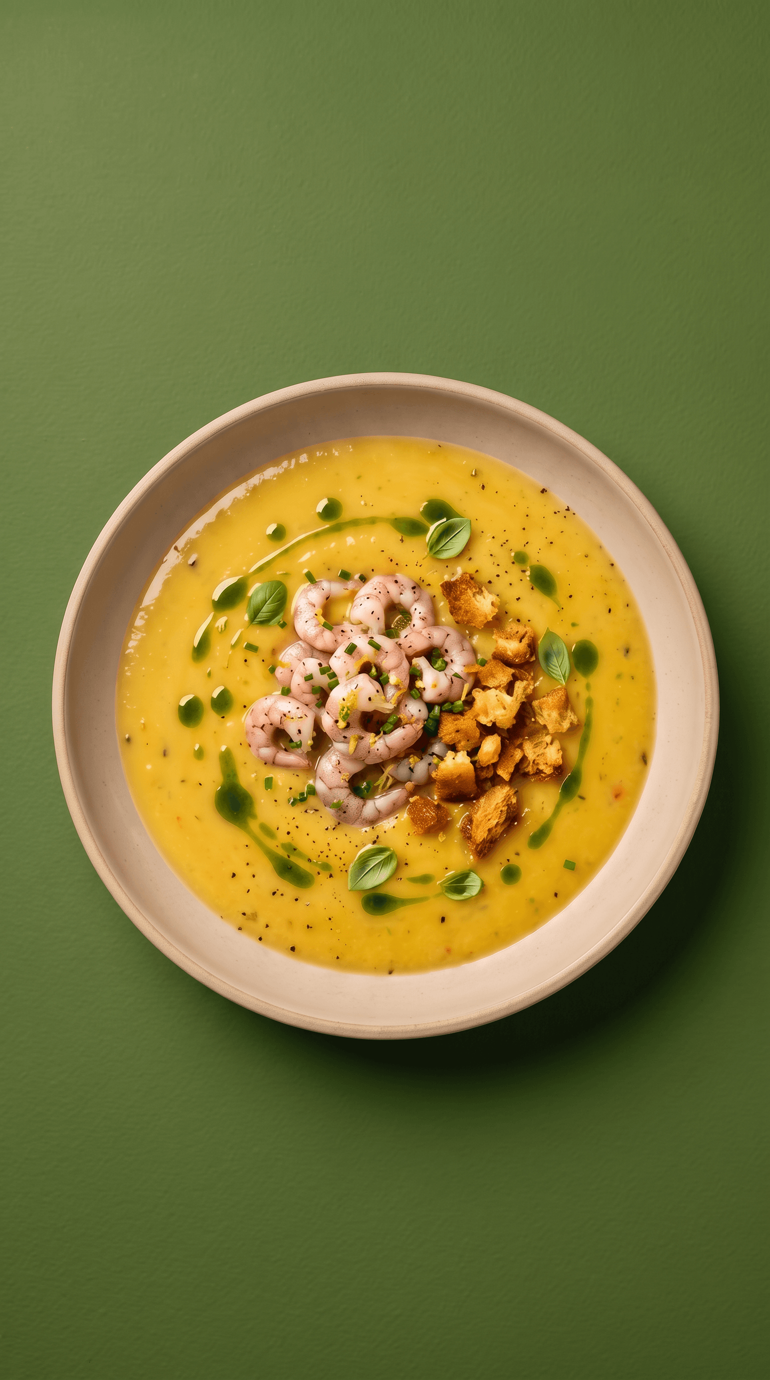 Recipe image: Gaspacho jaune onctueux aux crevettes et huile de basilic
