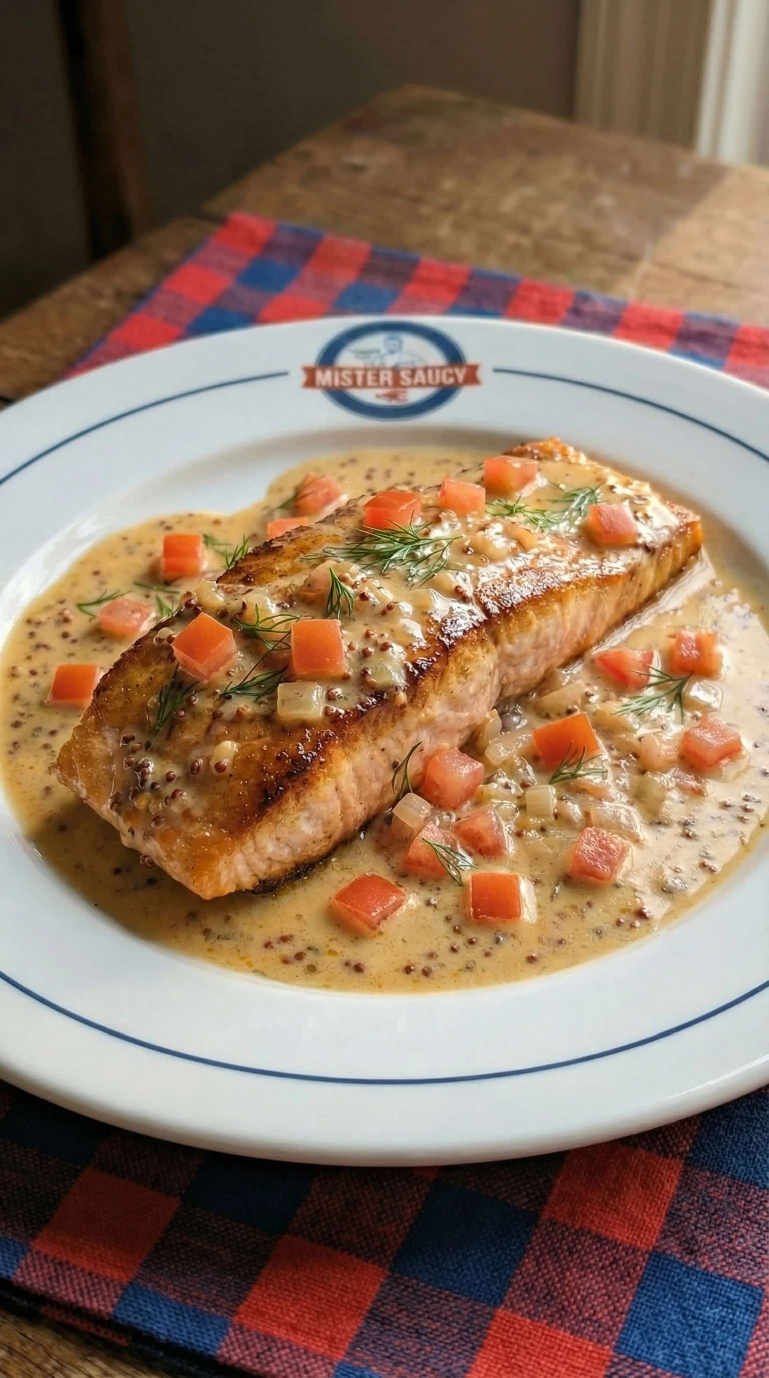 Recipe image: Saumon Rôti à l'Ancienne, Sauce Crème à la Moutarde et Tomates