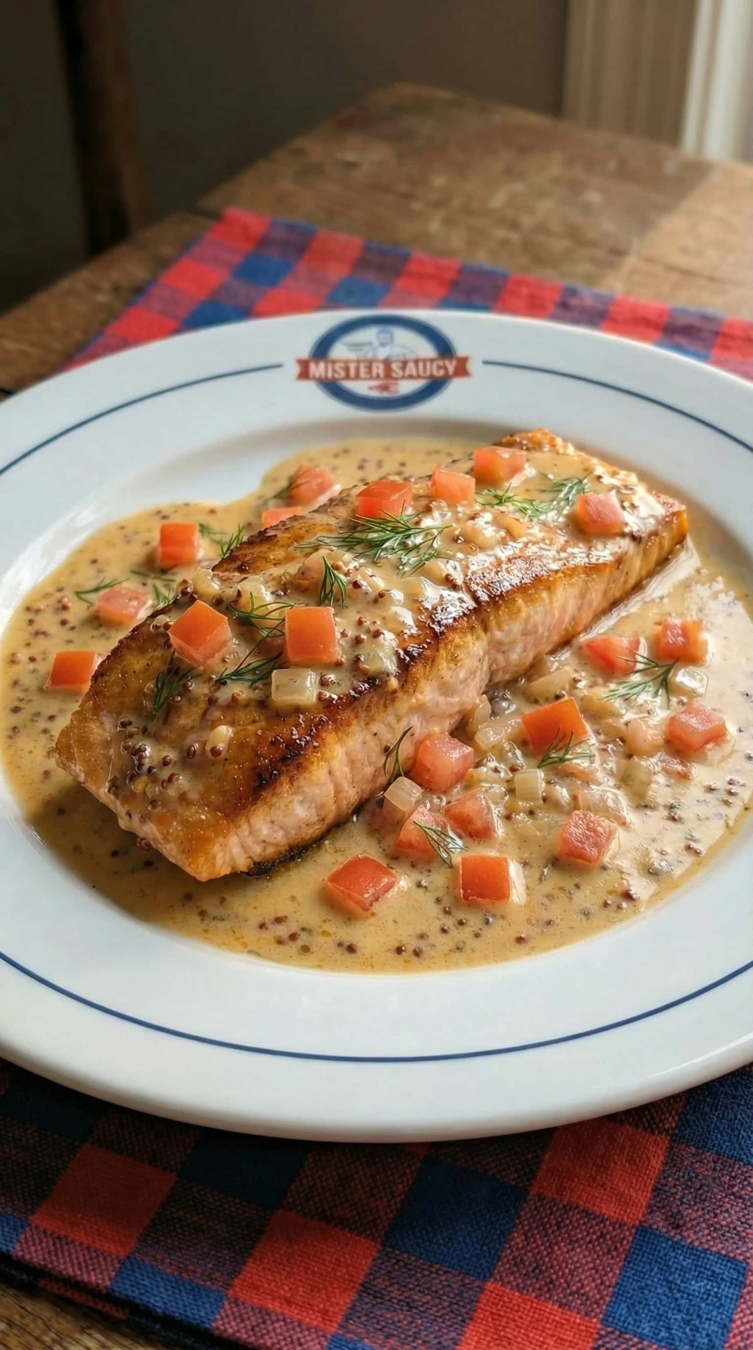 Recipe image: Saumon Rôti à l'Ancienne, Sauce Crème à la Moutarde et Tomates