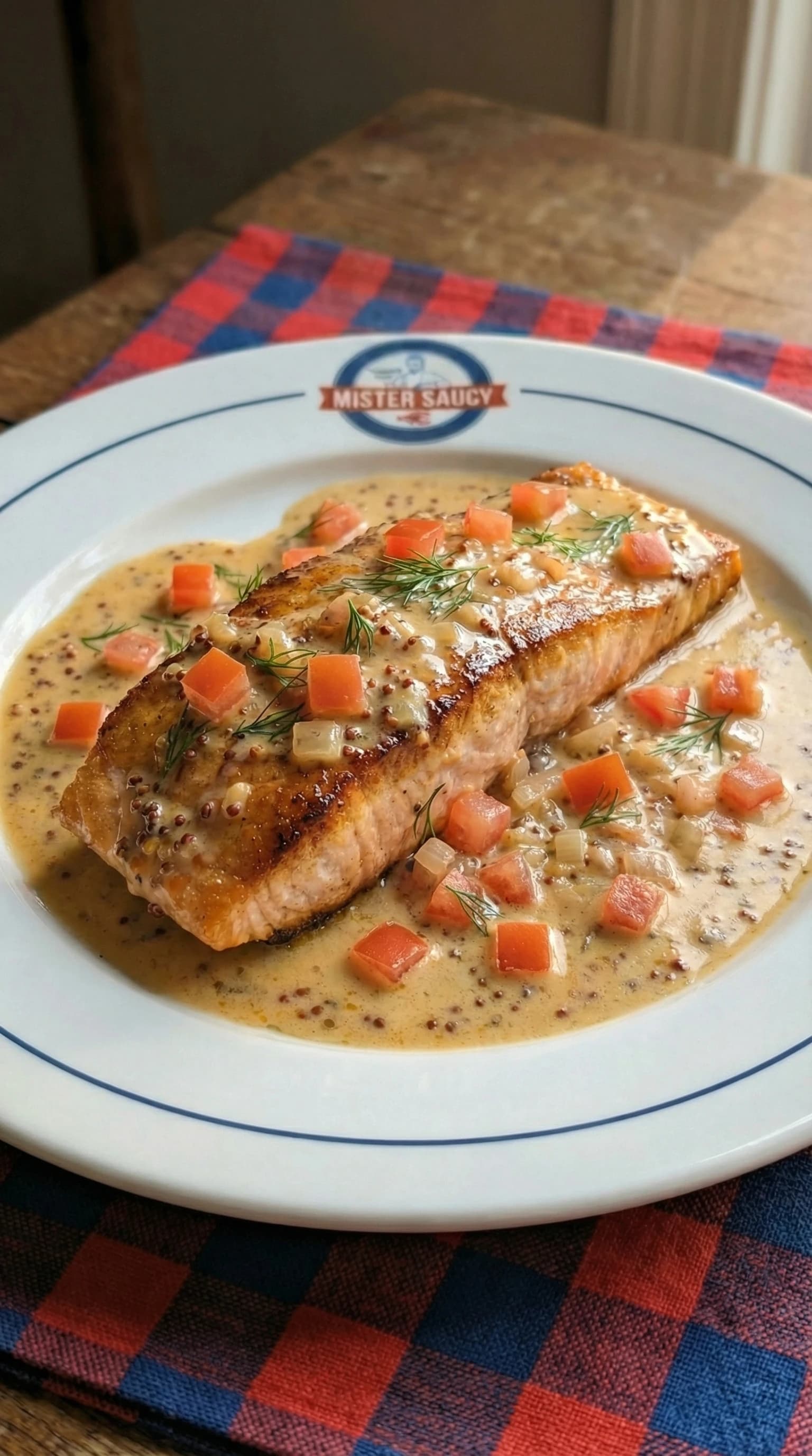 Grandmother's Heritage Roasted Salmon with Mustard-Tomato Cream Sauce