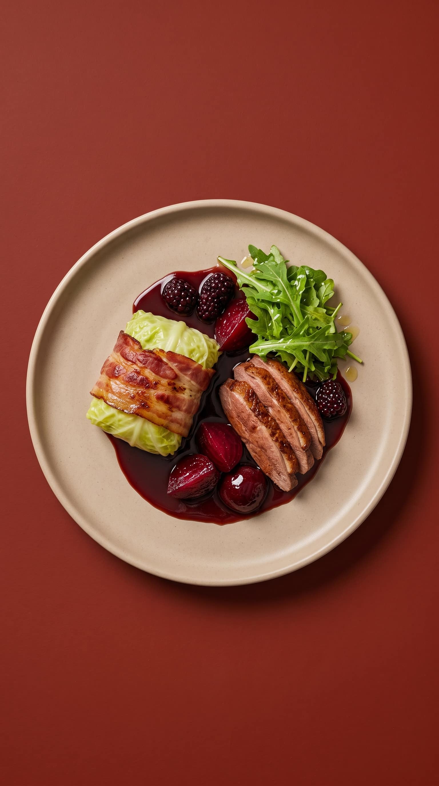 Recipe image: Recette de pigeon rôti au jus de mûres et vin rouge
