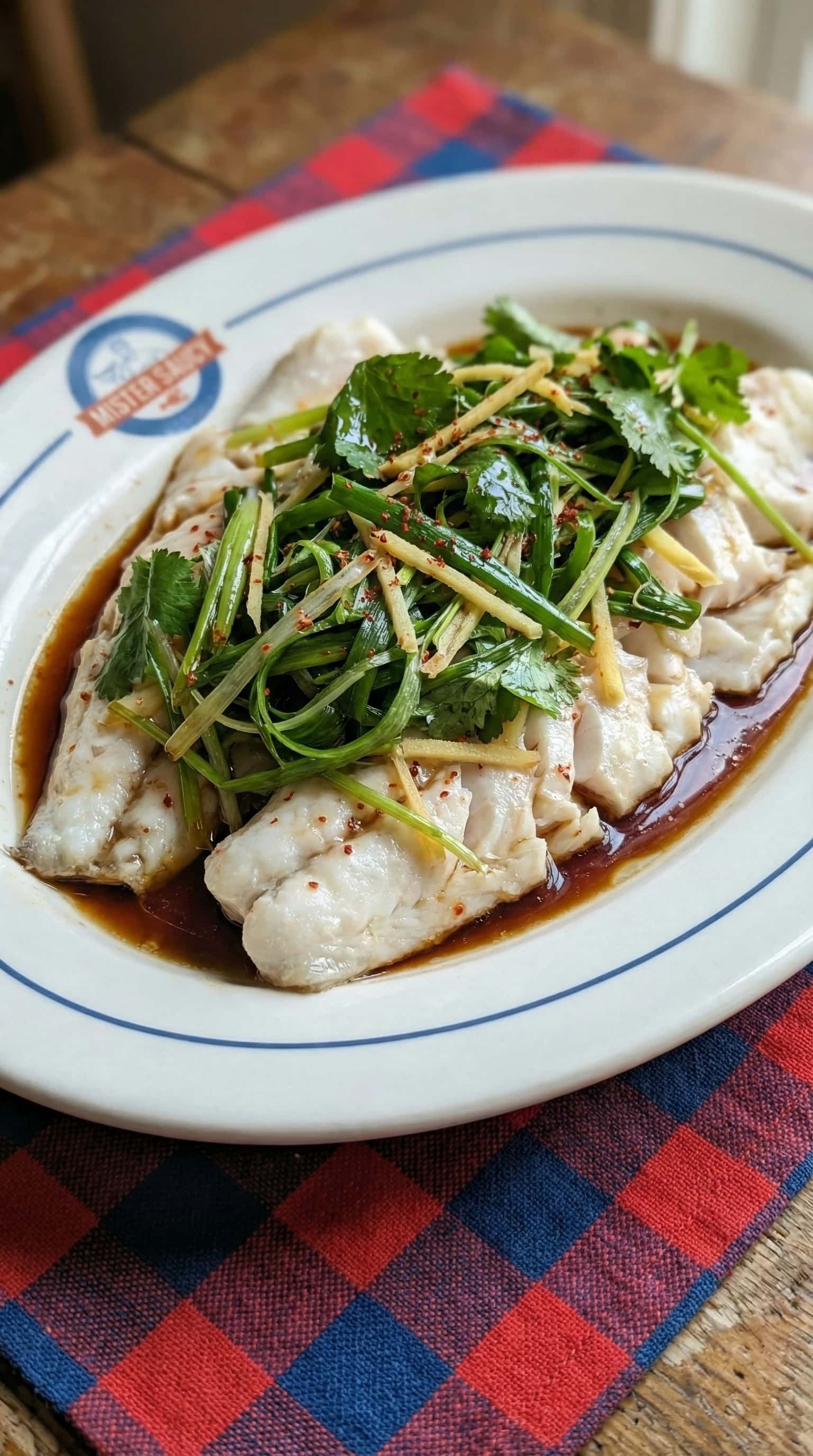 Recipe image: Sake-Steamed Sea Bream with Ginger-Scallion Sizzle and Gochugaru Infusion