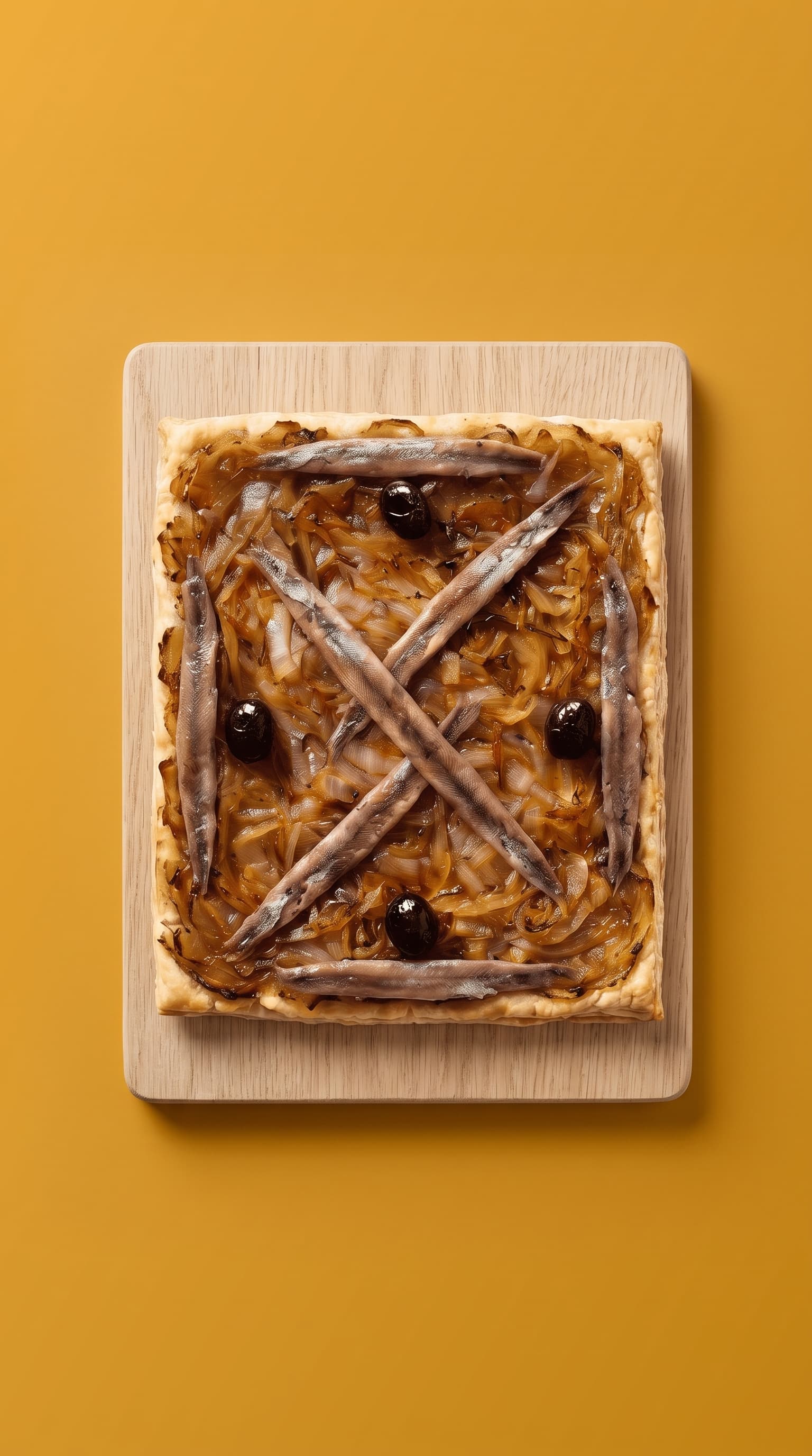 Golden-brown pissaladière with caramelised onion, anchovies and olives