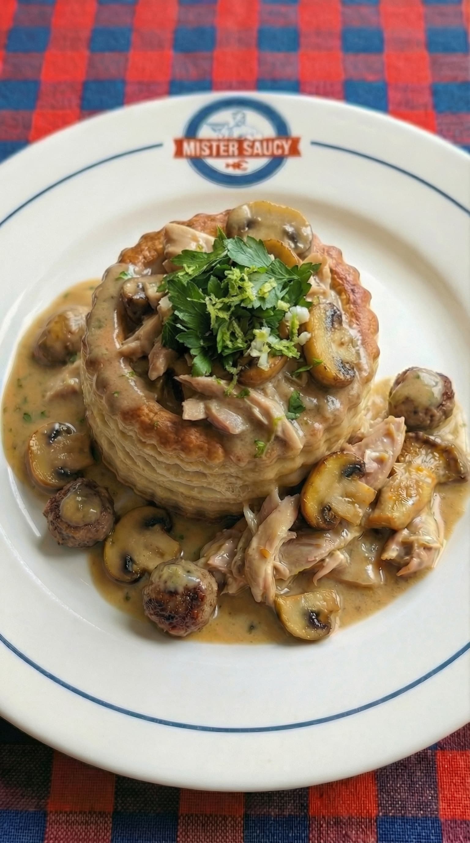 Adobo-Inspired Chicken Vol-au-Vent with Ginger, Cognac, Lime-Garlic Gremolata and Seared Chicken Meatballs