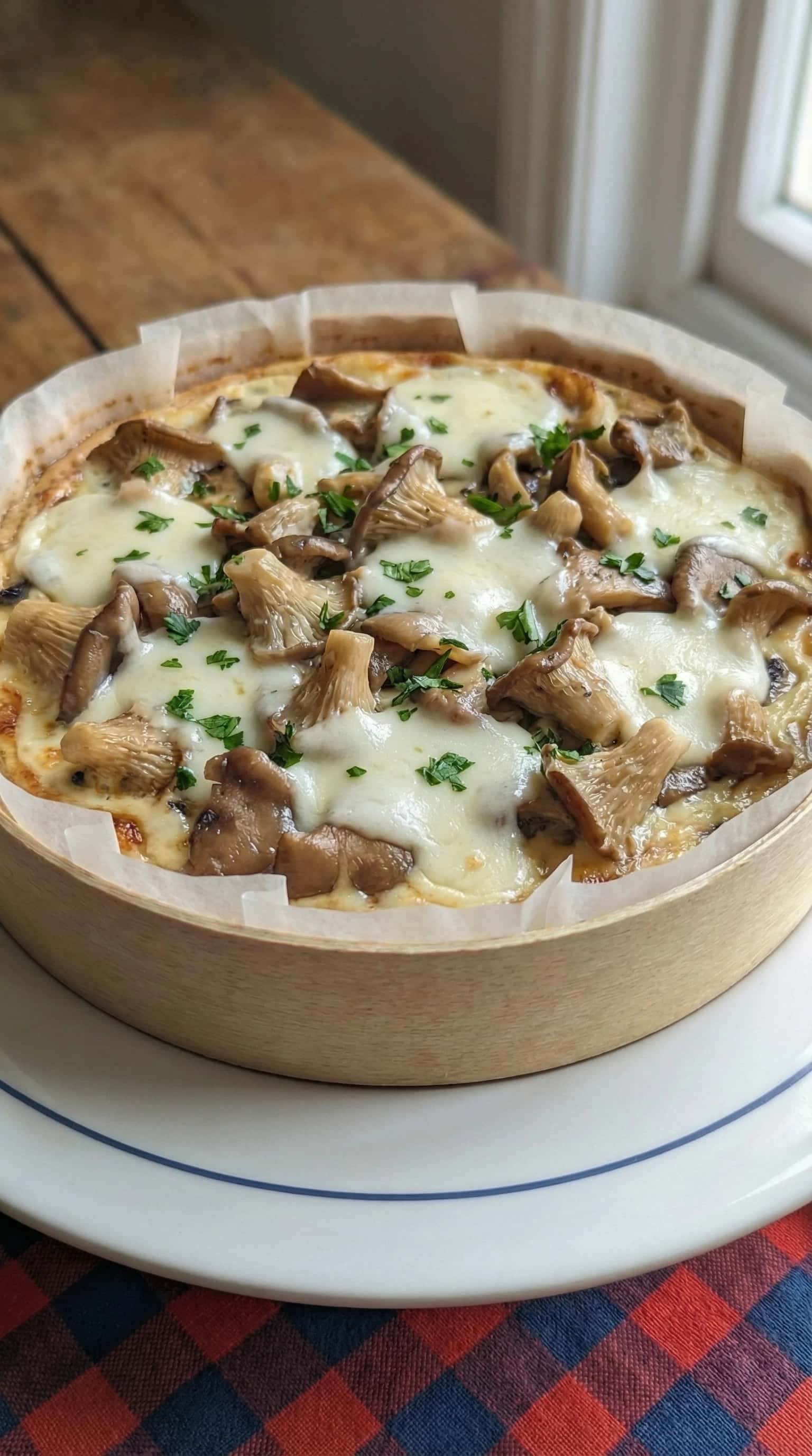Recipe image: Clafoutis salé aux champignons gratiné, Taleggio et ragoût d'ail et pleurotes