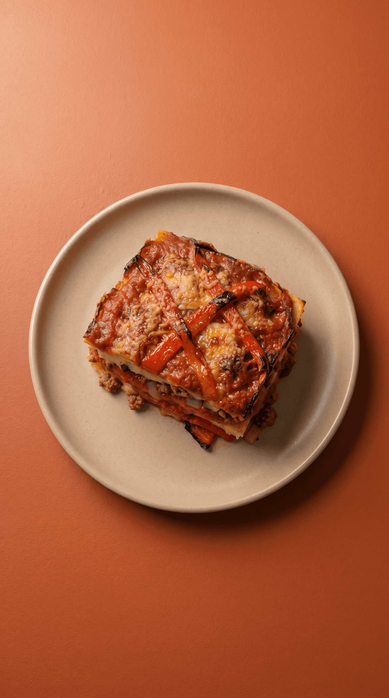 Layered Veal and Pork Gratin with Roasted Peppers and Basil Tomato Sauce de Mr. Saucy