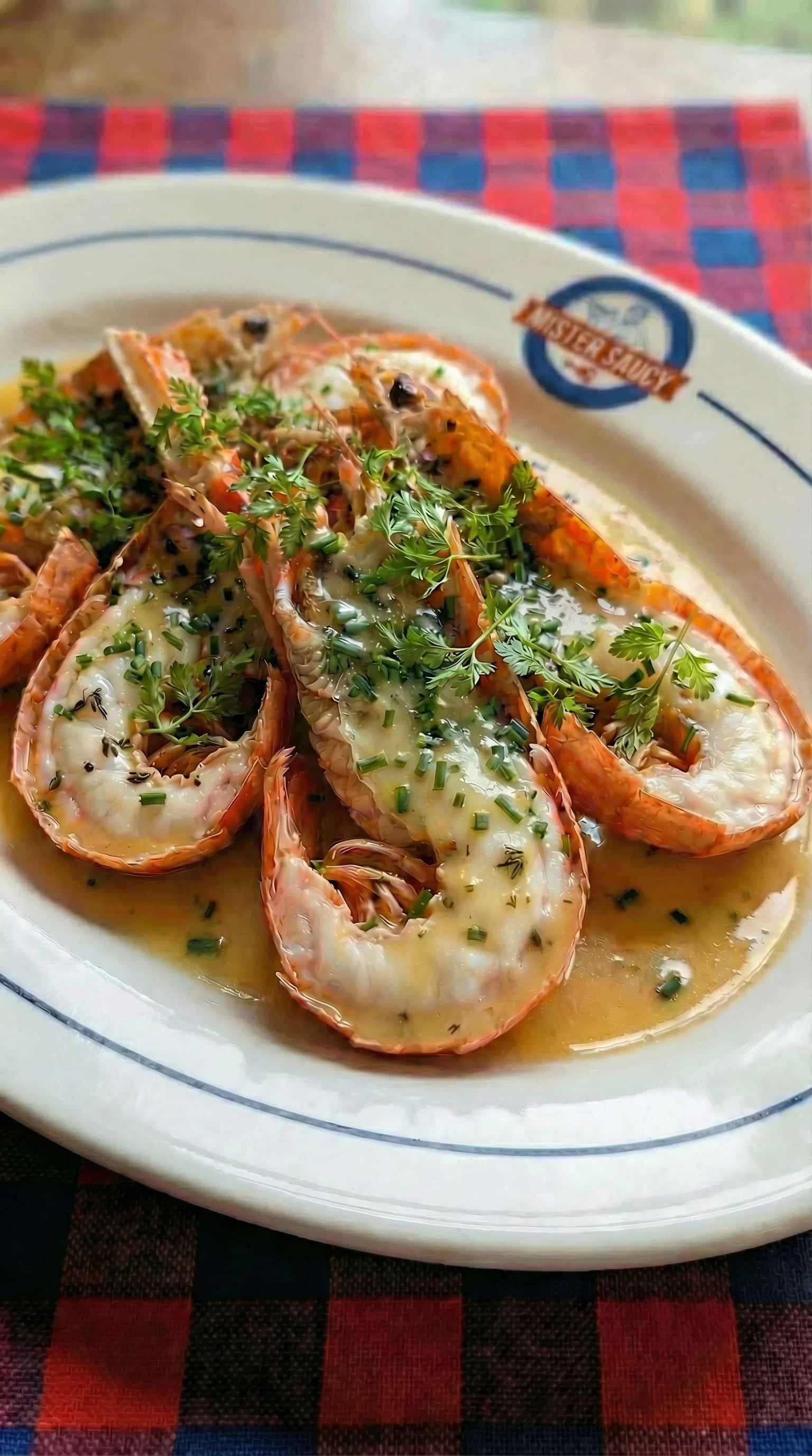 Recipe image: Ovengebakken langoustines met opnieuw opwarmbare Saké-schaaldieren beurre blanc