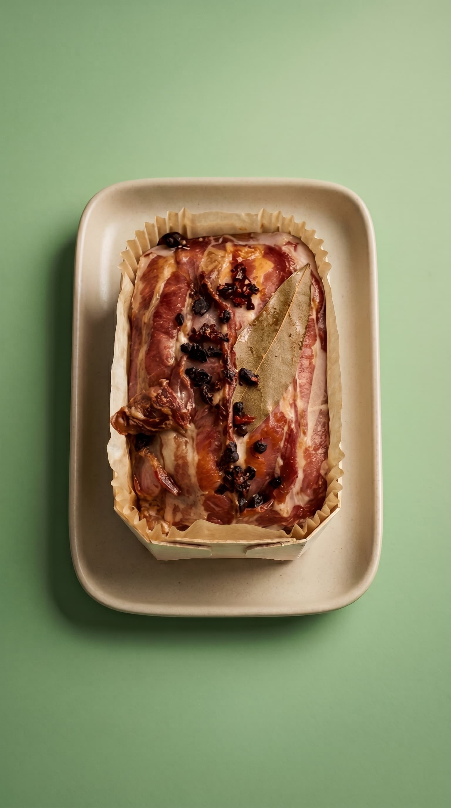 Tranches de pâté de campagne savoureux aux herbes et au laurier, dans une petite caissette en bois sur un plat clair