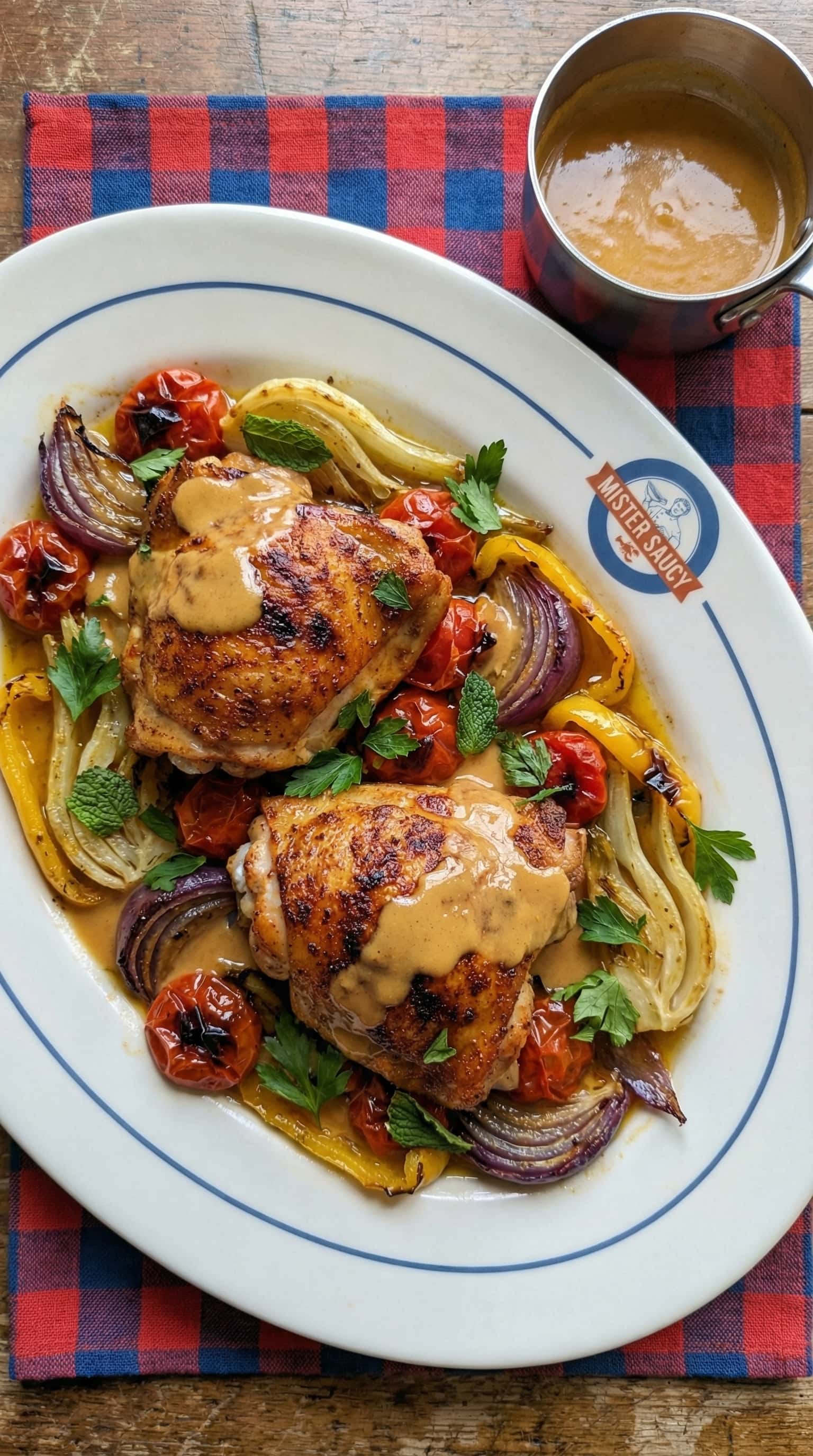 Recipe image: Cuisses de Poulet au Big Green Egg, Velouté à la Harissa et Légumes d'Été Rôtis