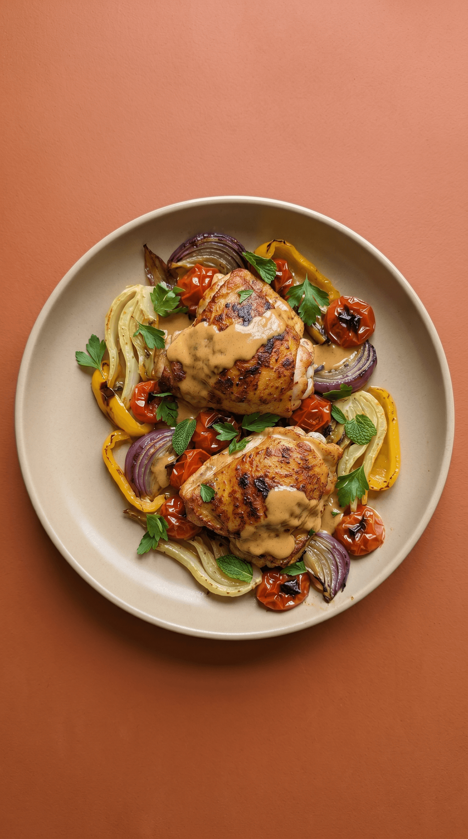 Recipe image: Big Green Egg Chicken Thighs with Harissa Veloute and Roasted Summer Vegetables