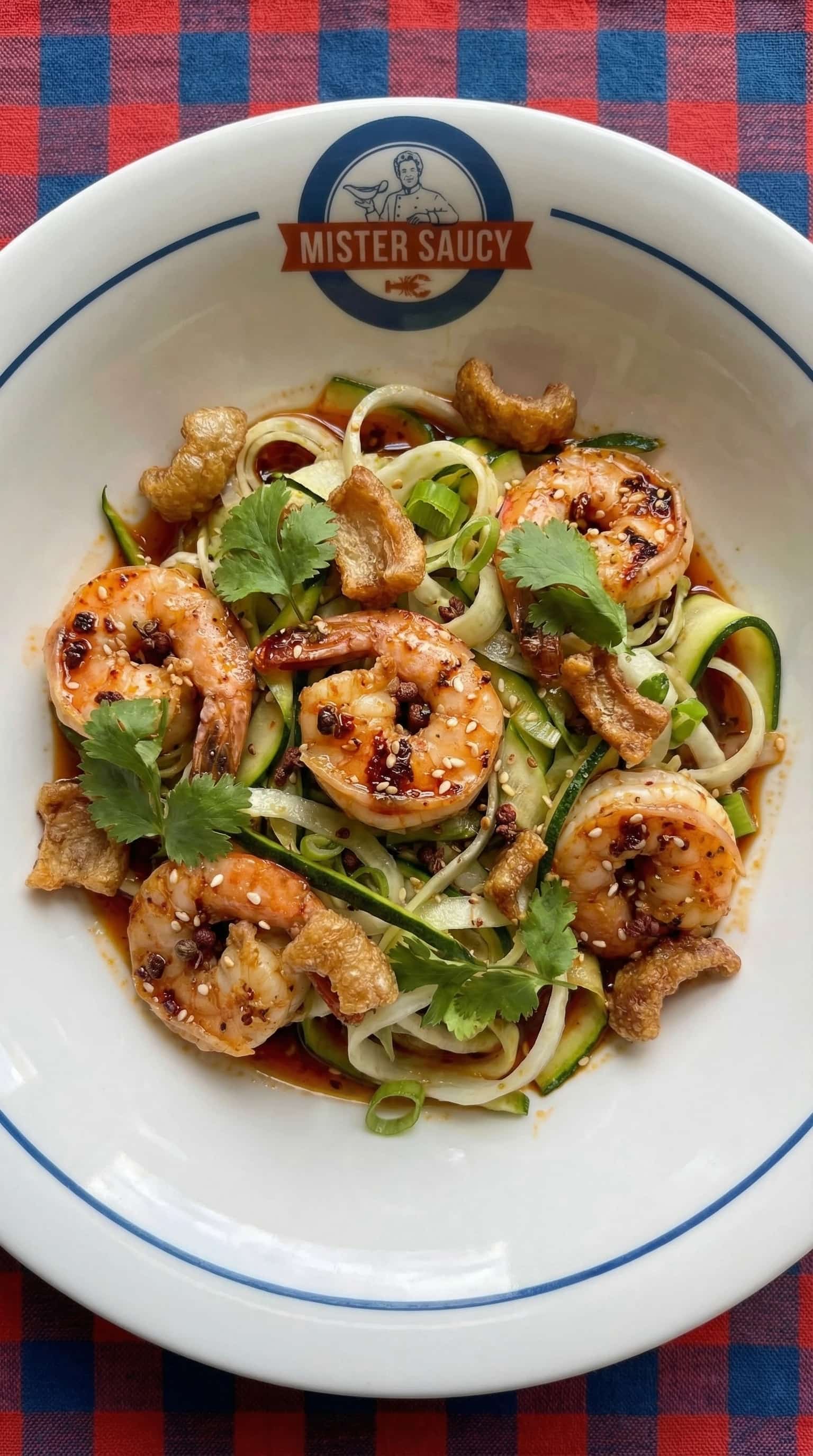 Recipe image: Gambas Sichuan au sésame avec « nouilles » de fenouil et courgette émincés et croustillant de champignons