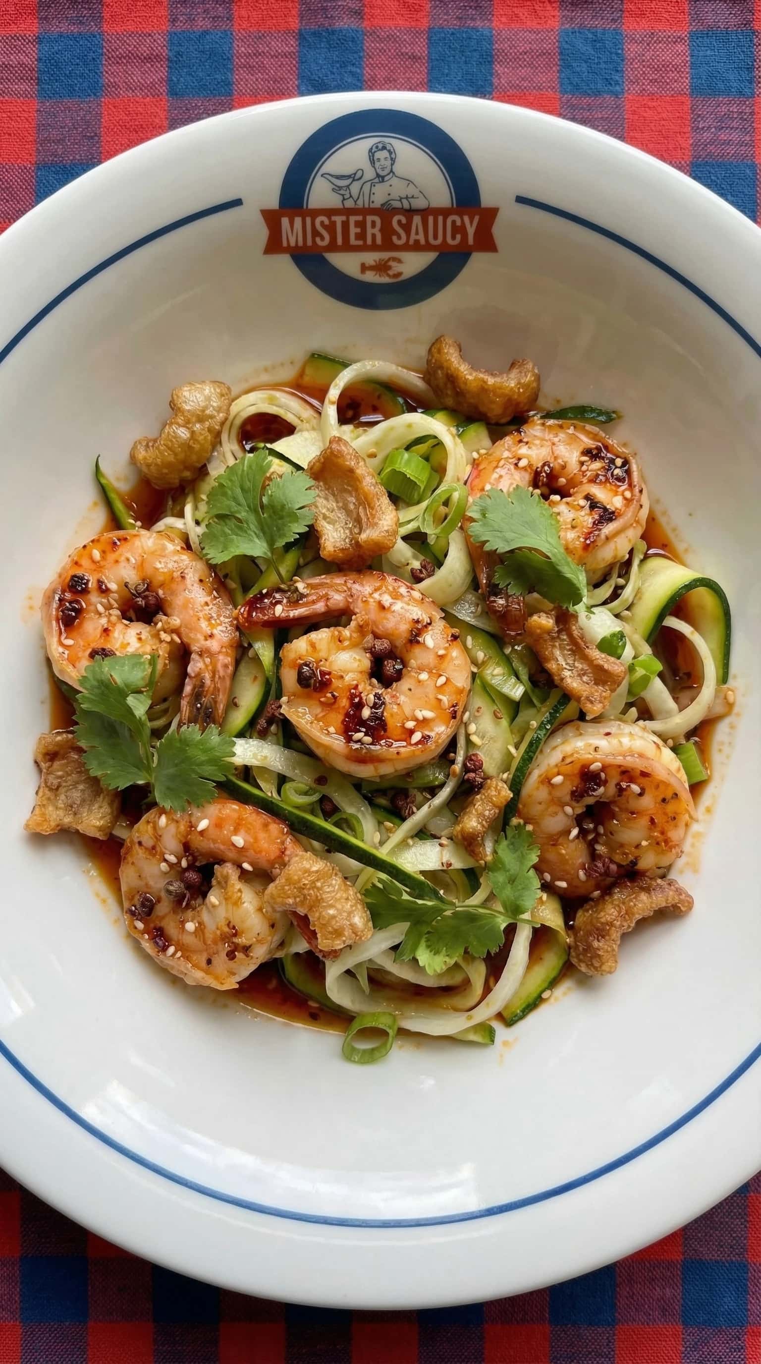 Recipe image: Gambas Sichuan au sésame avec « nouilles » de fenouil et courgette émincés et croustillant de champignons