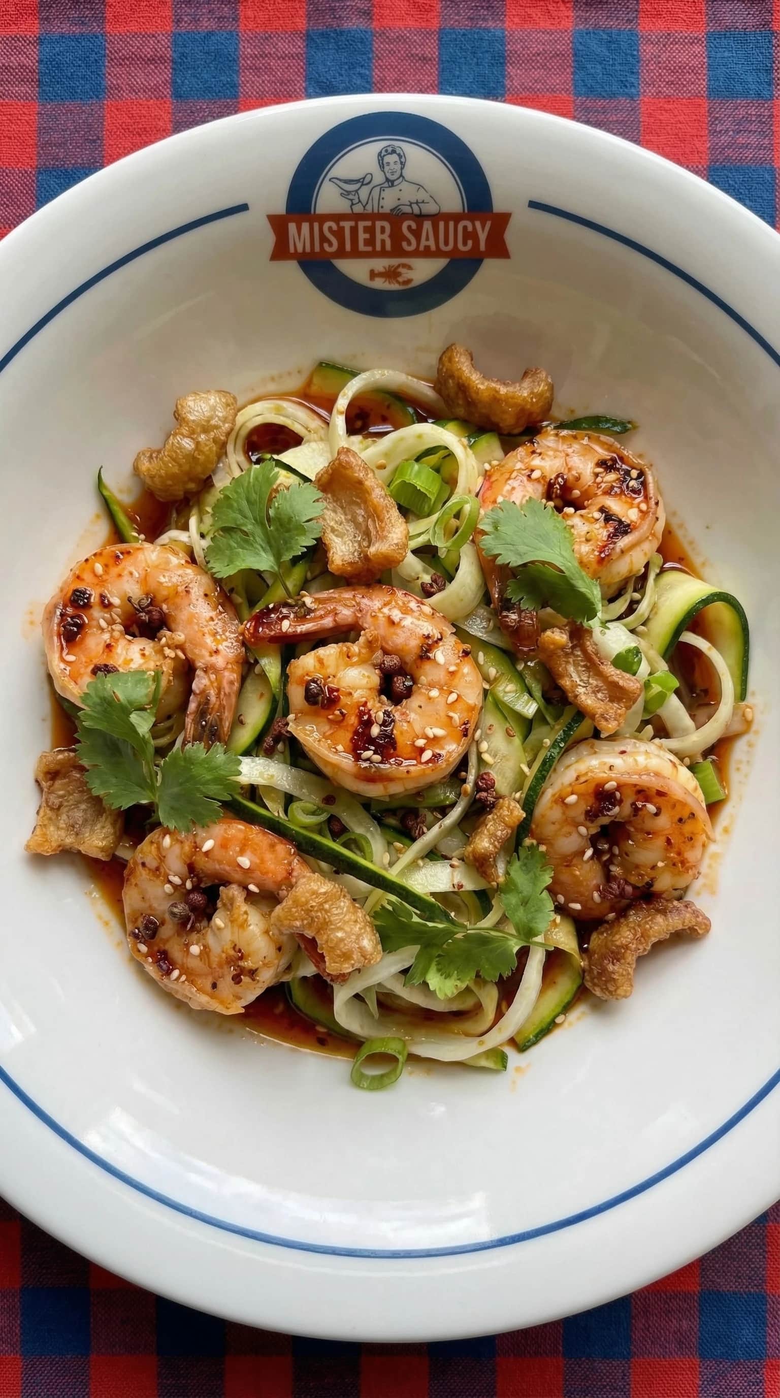 Sichuan Sesame Gambas with Shaved Fennel-Zucchini 'Noodles' and Pork Crackling
