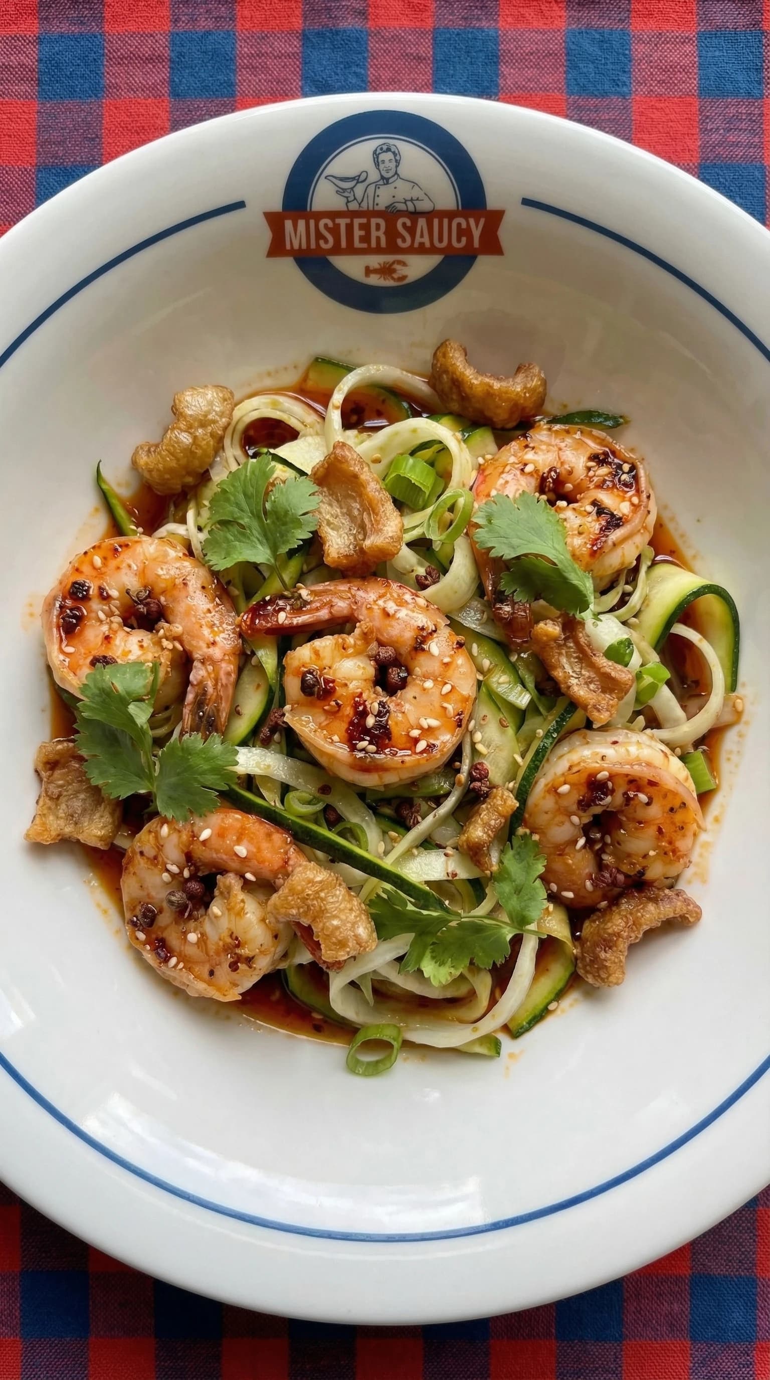 Sichuan Sesame Gambas with Shaved Fennel-Zucchini 'Noodles' and Pork Crackling