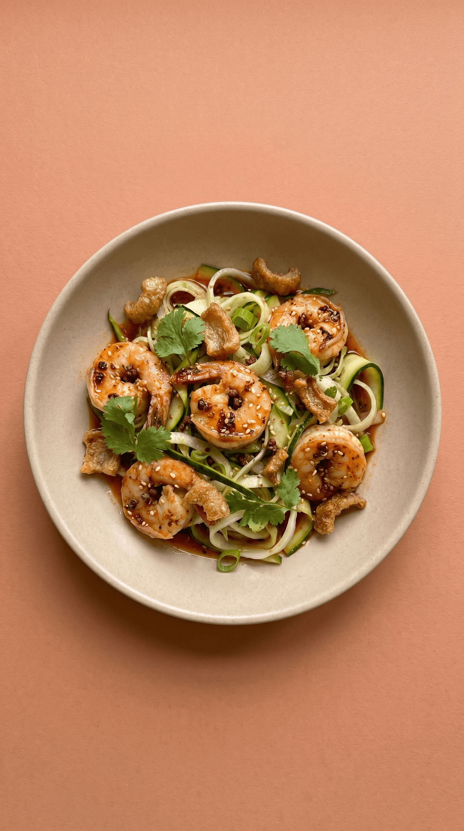 Recipe image: Sichuan Sesame Gambas with Shaved Fennel-Zucchini 'Noodles' and Pork Crackling