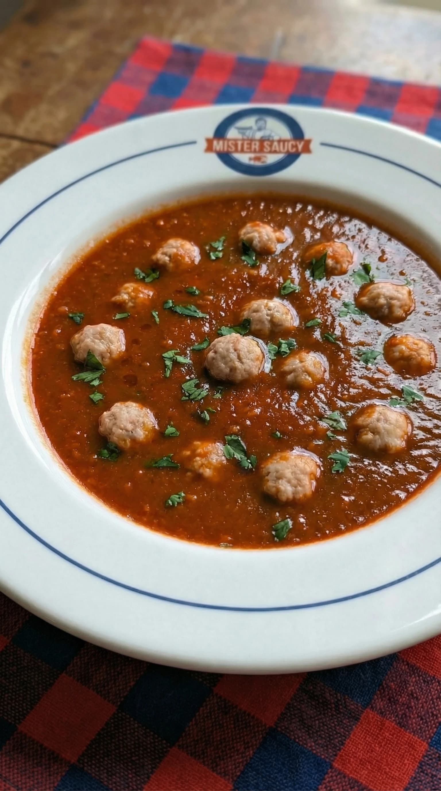 Traditional Flemish Tomato soup with small meatballs