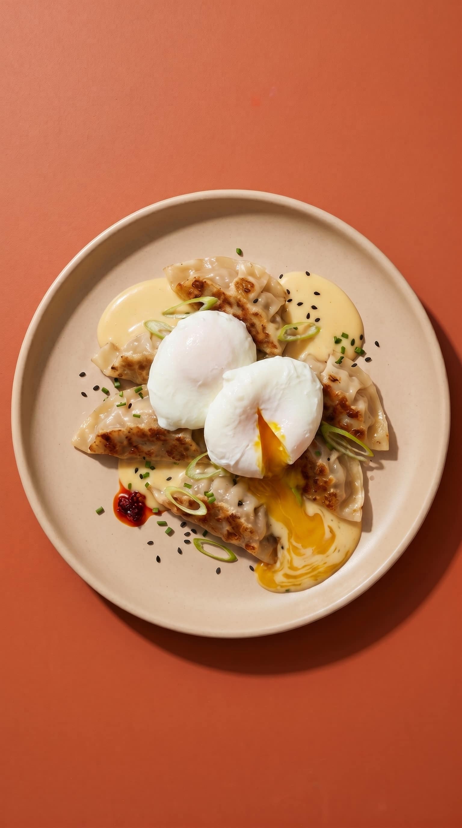 Recipe image: Œufs bénédicte croustillants aux raviolis, avec hollandaise au miso