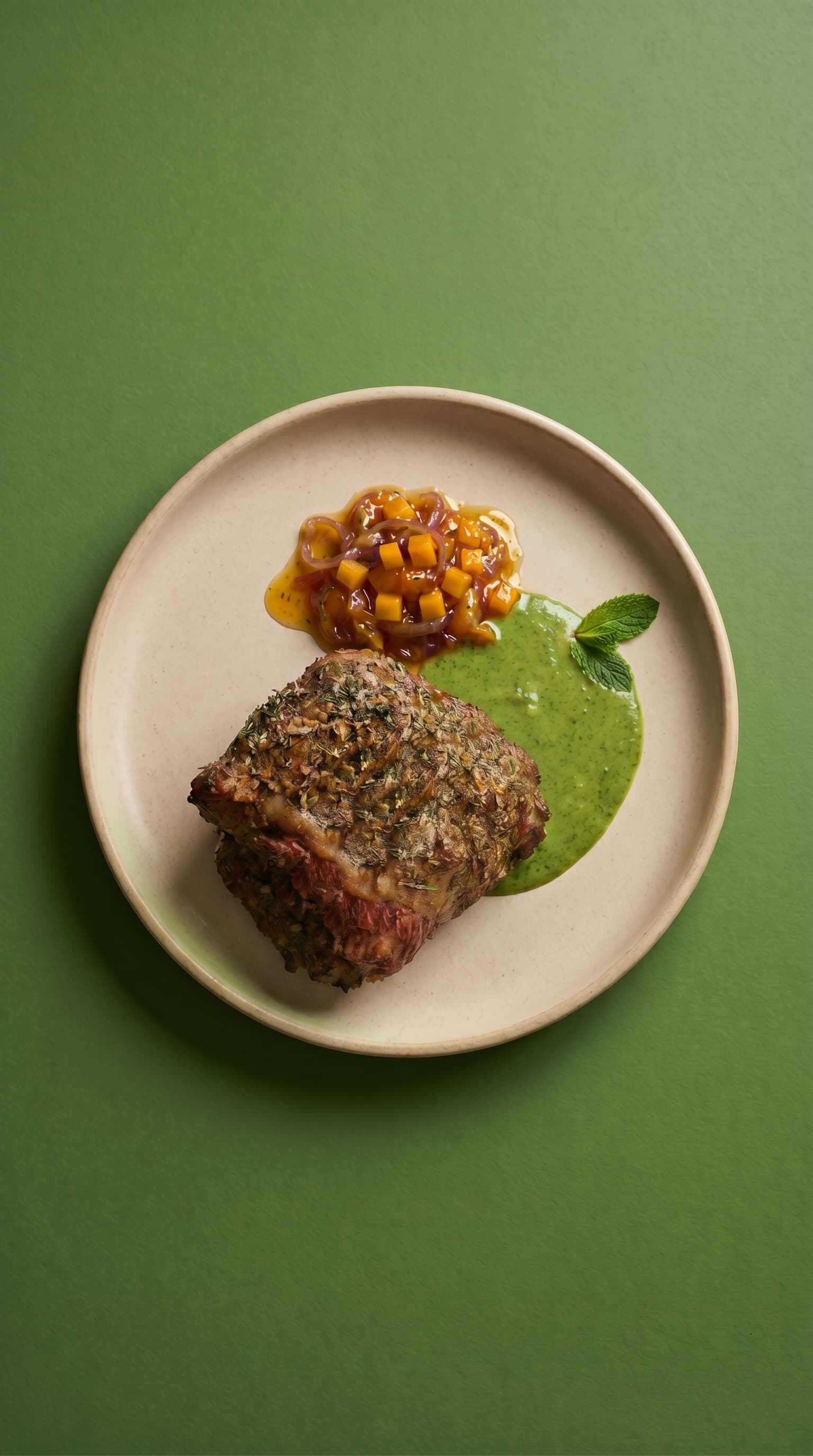 Gigot d'agneau en croûte d'herbes sur une assiette beige avec velouté de menthe et chutney d'abricots, une pièce maîtresse spectaculaire pour un dîner de six personnes.