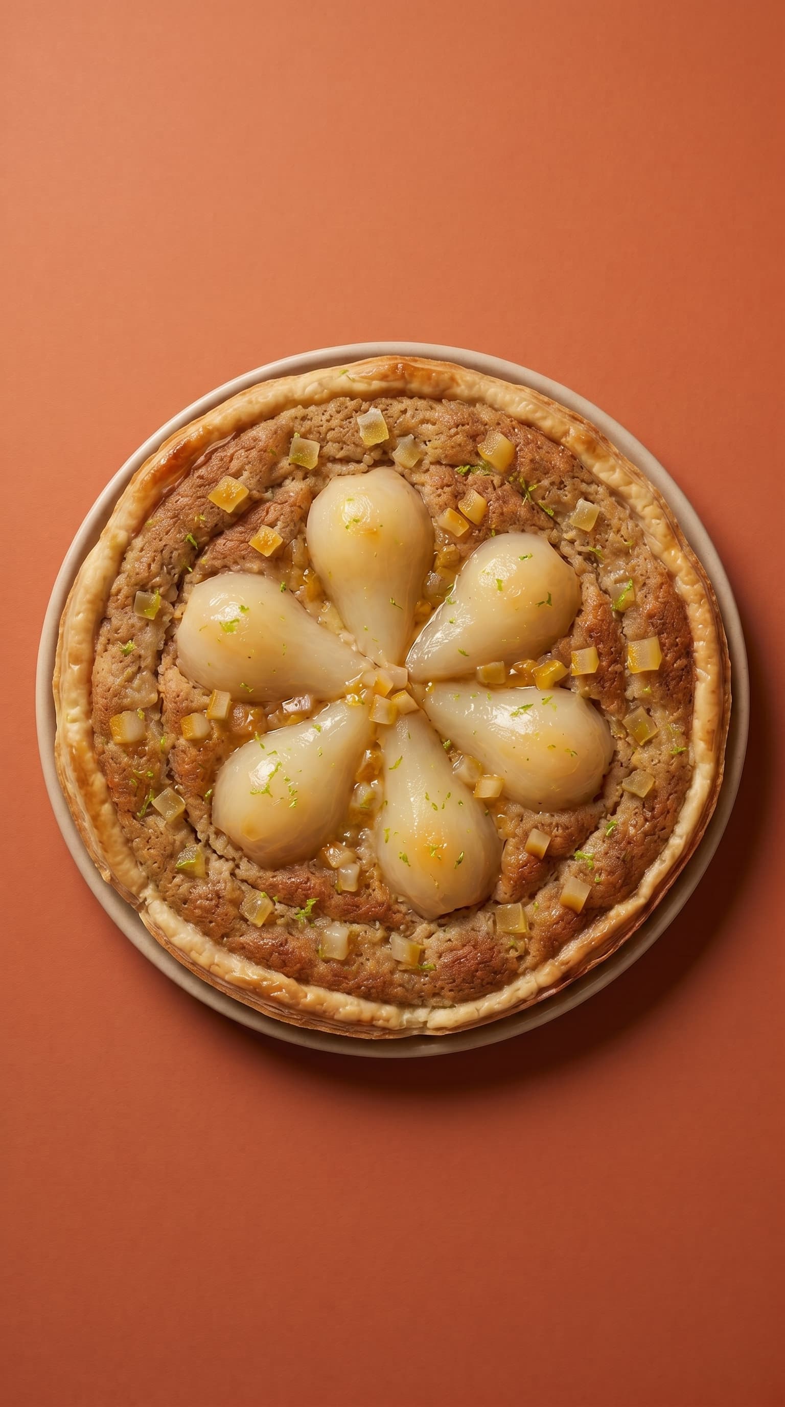 Ginger and pear tart with almond filling on a plate