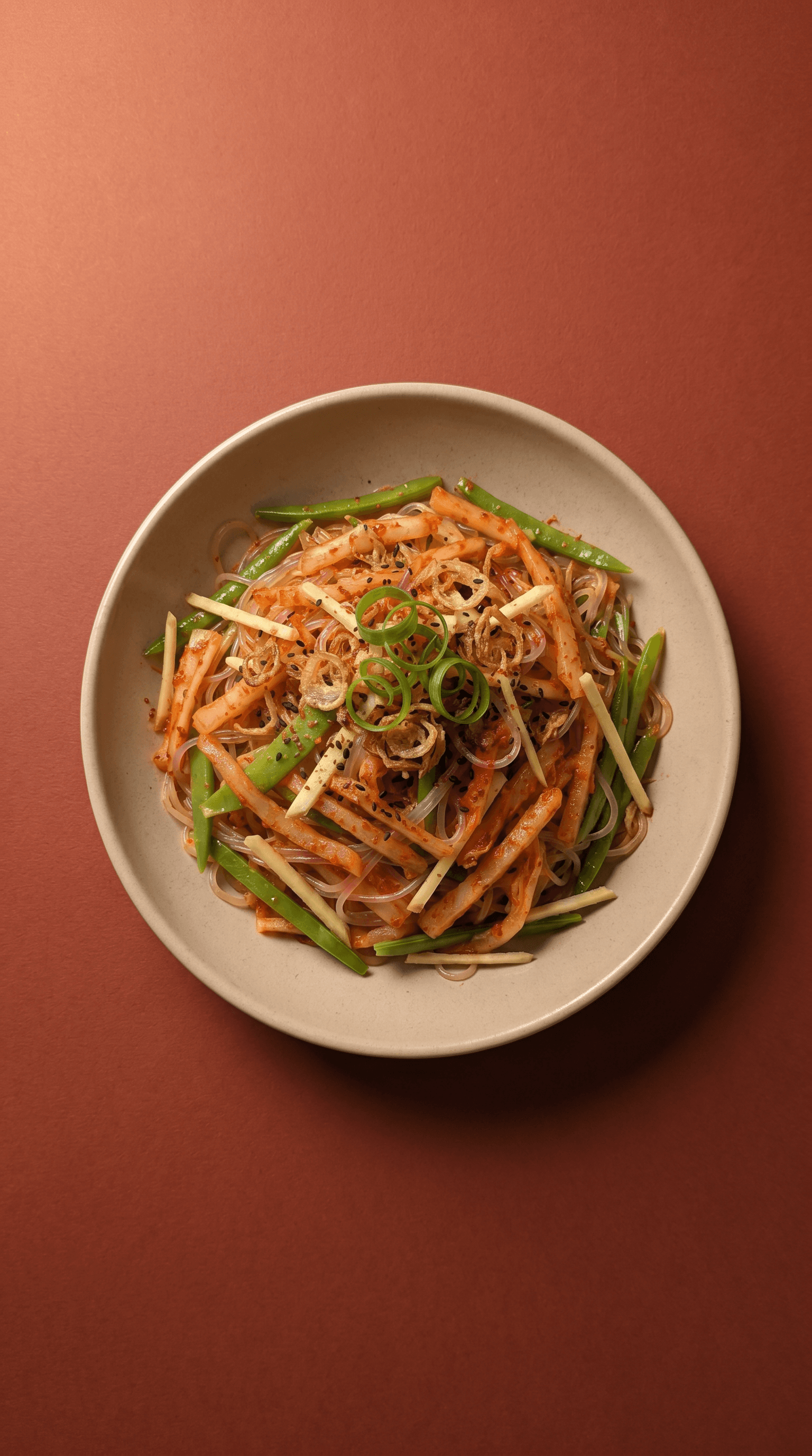 Recipe image: Julienned Kimchi and Glass Noodle Salad with Ginger-Syrup Vinaigrette