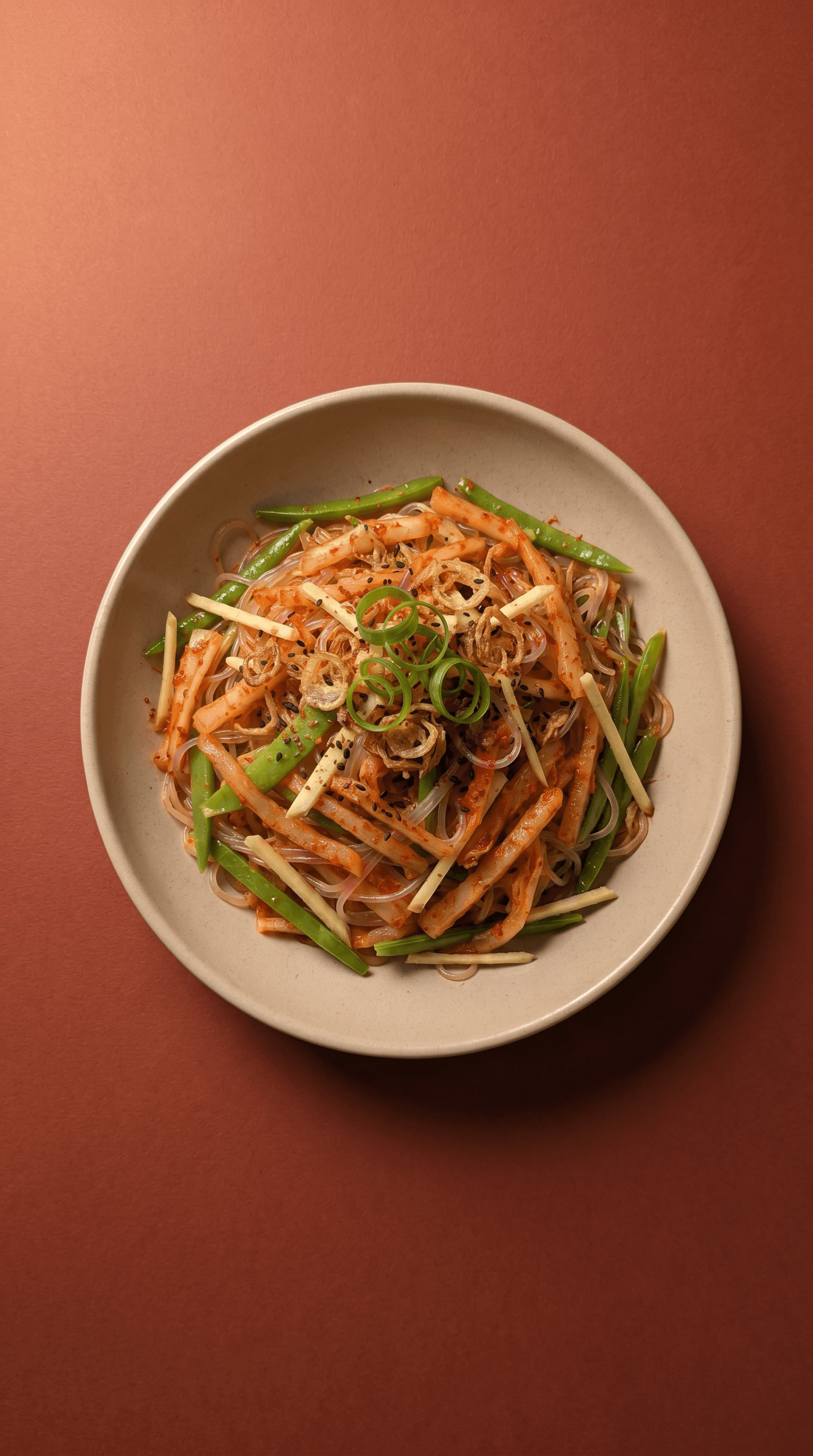 Julienned Kimchi and Glass Noodle Salad with Ginger-Syrup Vinaigrette