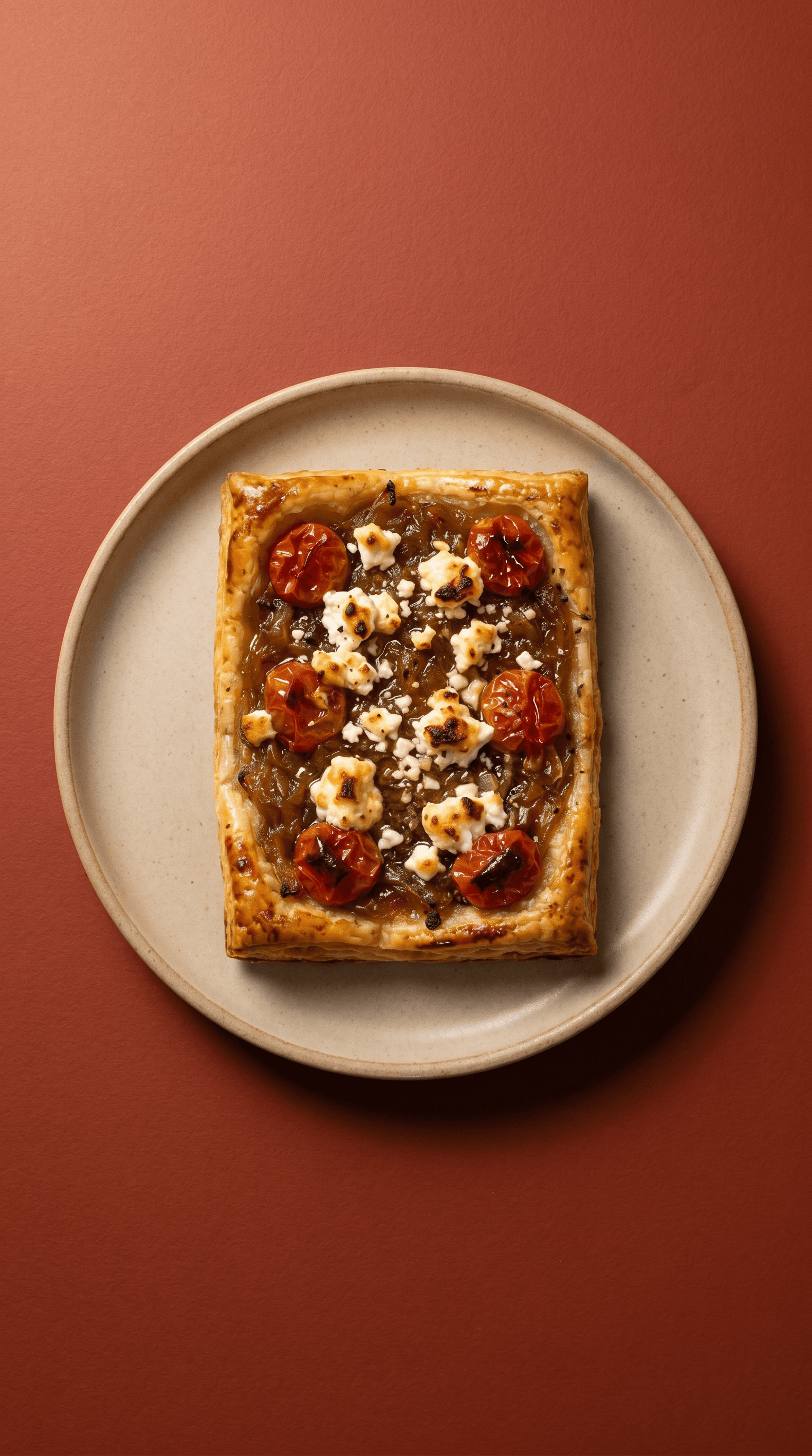 Petite tarte feuilletée dorée avec tomates rôties, oignon caramélisé et fromage de chèvre