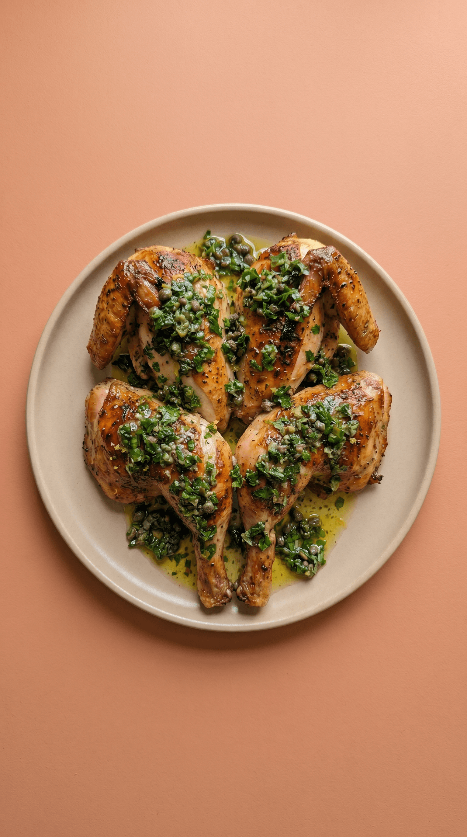 Quatre poussins entiers rôtis disposés sur une assiette beige sur un fond terracotta chaleureux, prêts à être partagés lors d'un dîner pour six.