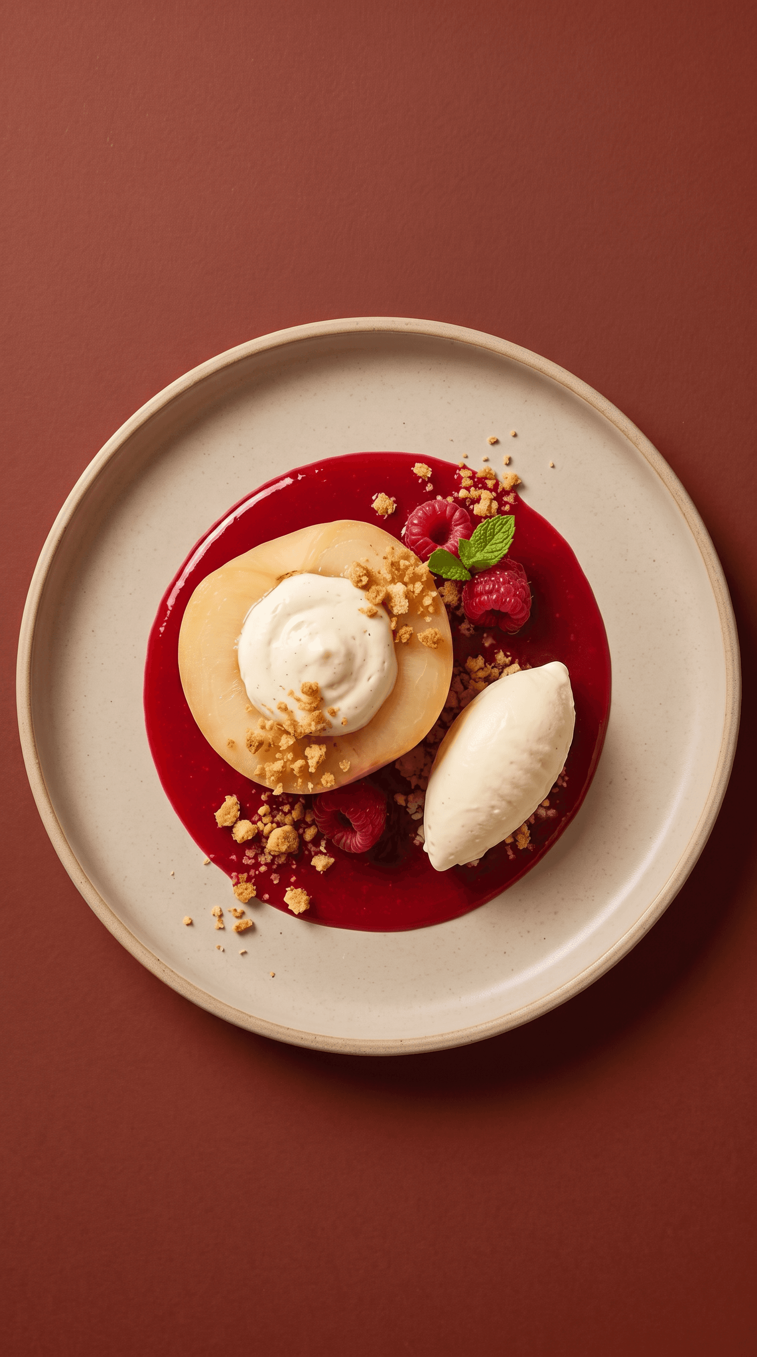 Recipe image: Perzik melba recept met vanille crème légère en amandelkruimels