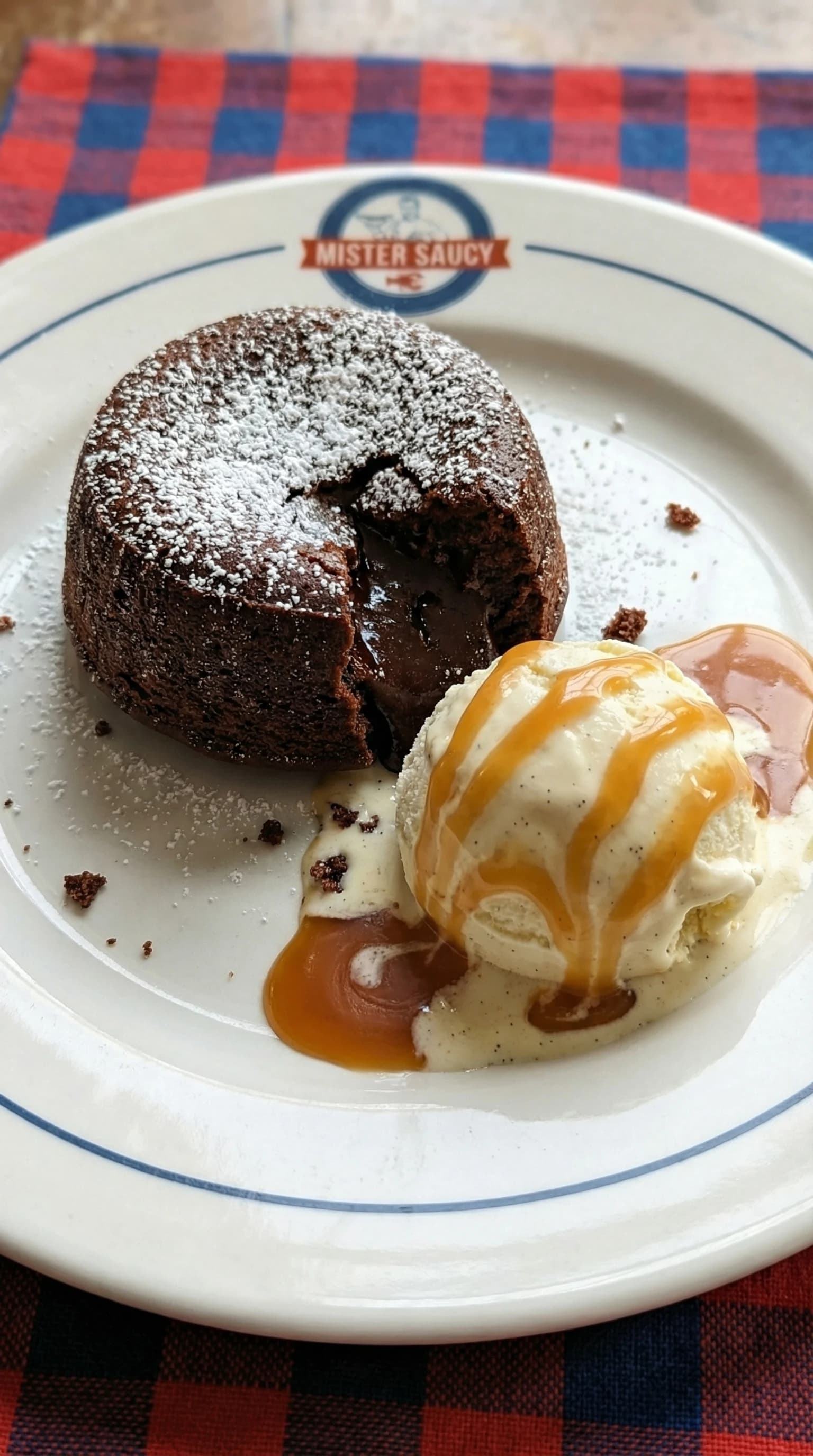 Soft Centred Dark Chocolate Cake with Vanilla Ice Cream and Salted Caramel