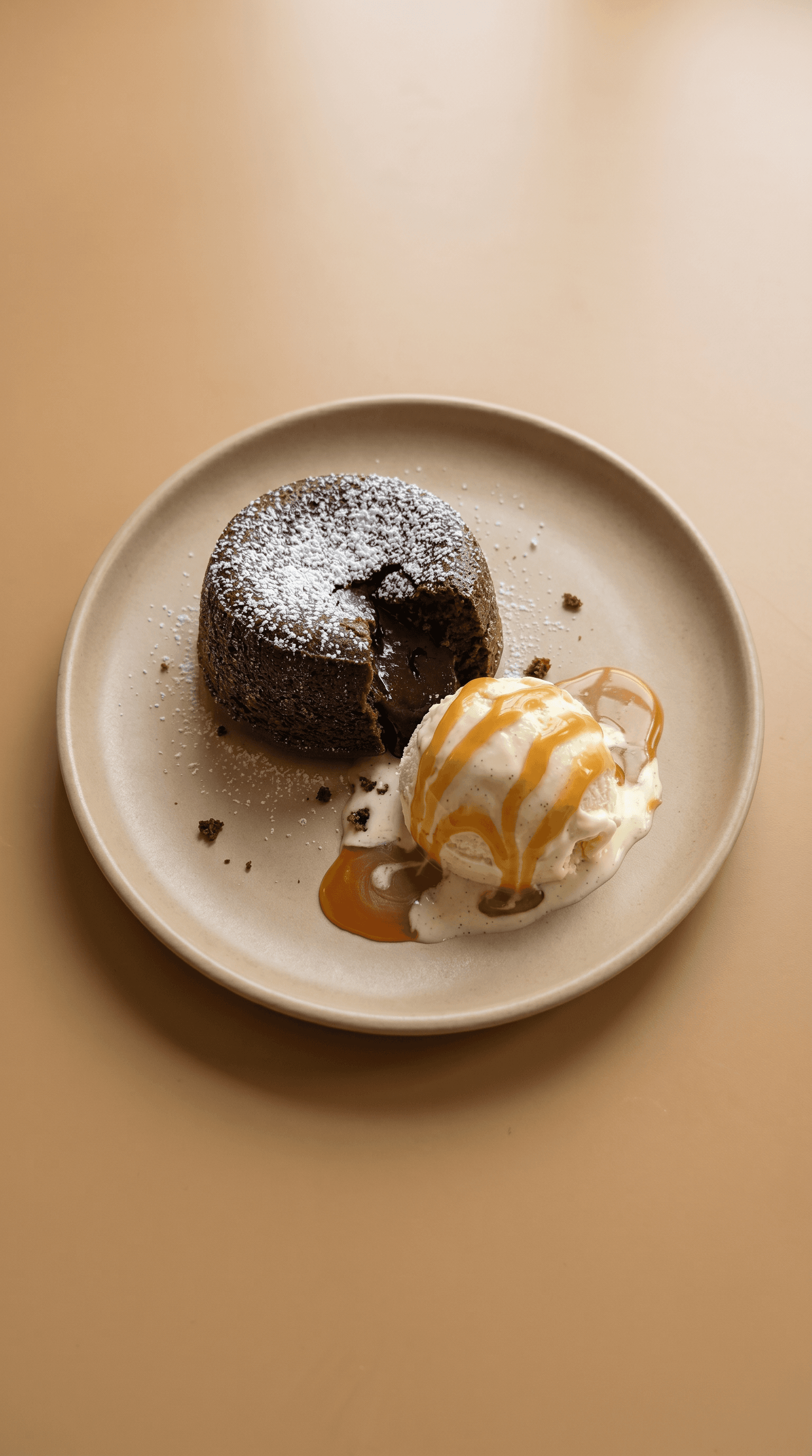 Soft Centred Dark Chocolate Cake with Vanilla Ice Cream and Salted Caramel