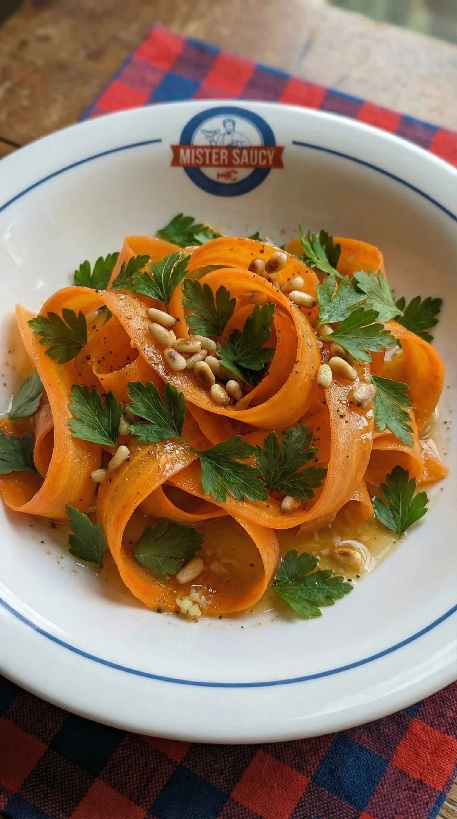 Recipe image: Salade de Rubans de Carottes à l'Algérienne, aux Agrumes, Cumin et Pignons de Pin Grillés