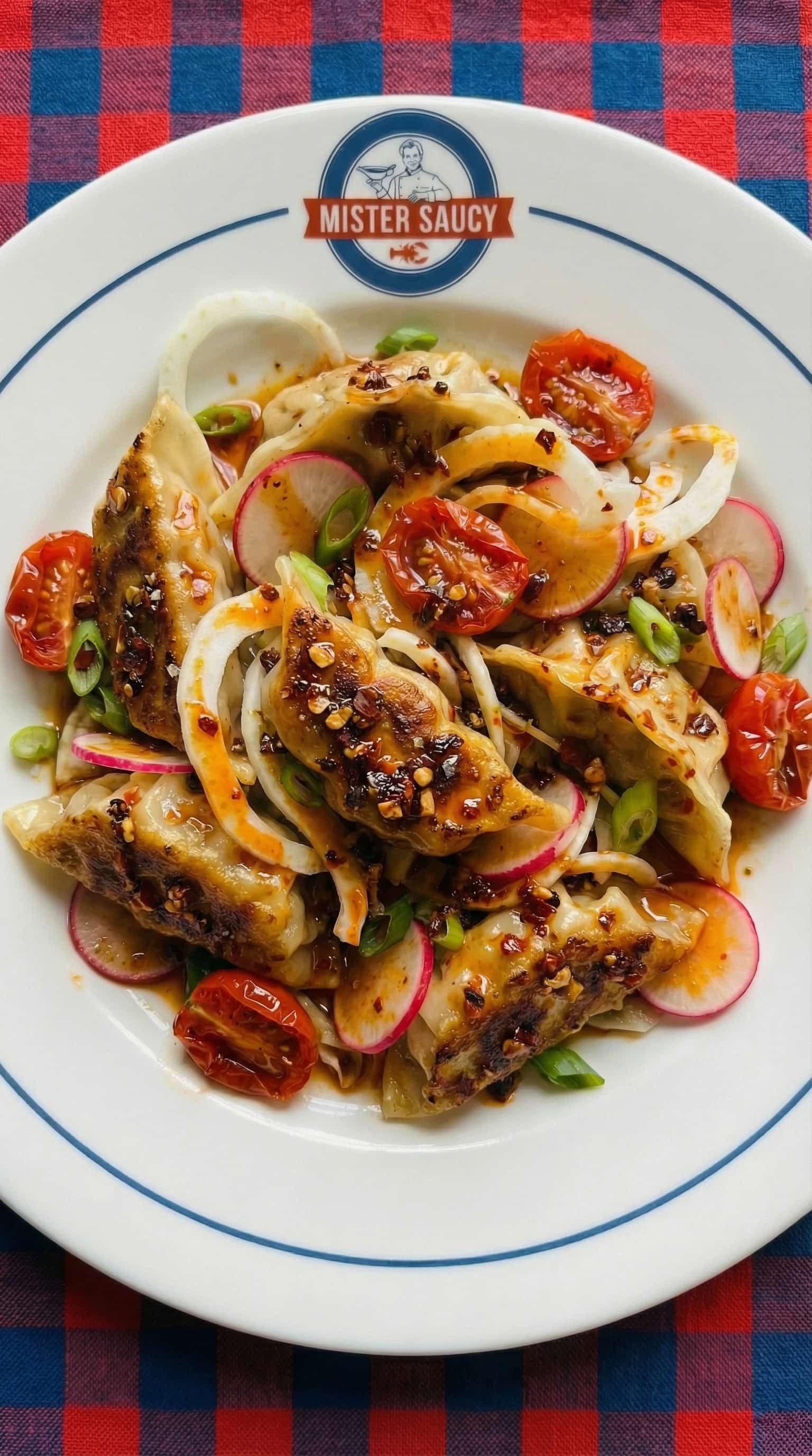 Recipe image: Salade de Gyoza aux Légumes Épicés et Fenouil Émincé avec Tomates Saisies et Radis