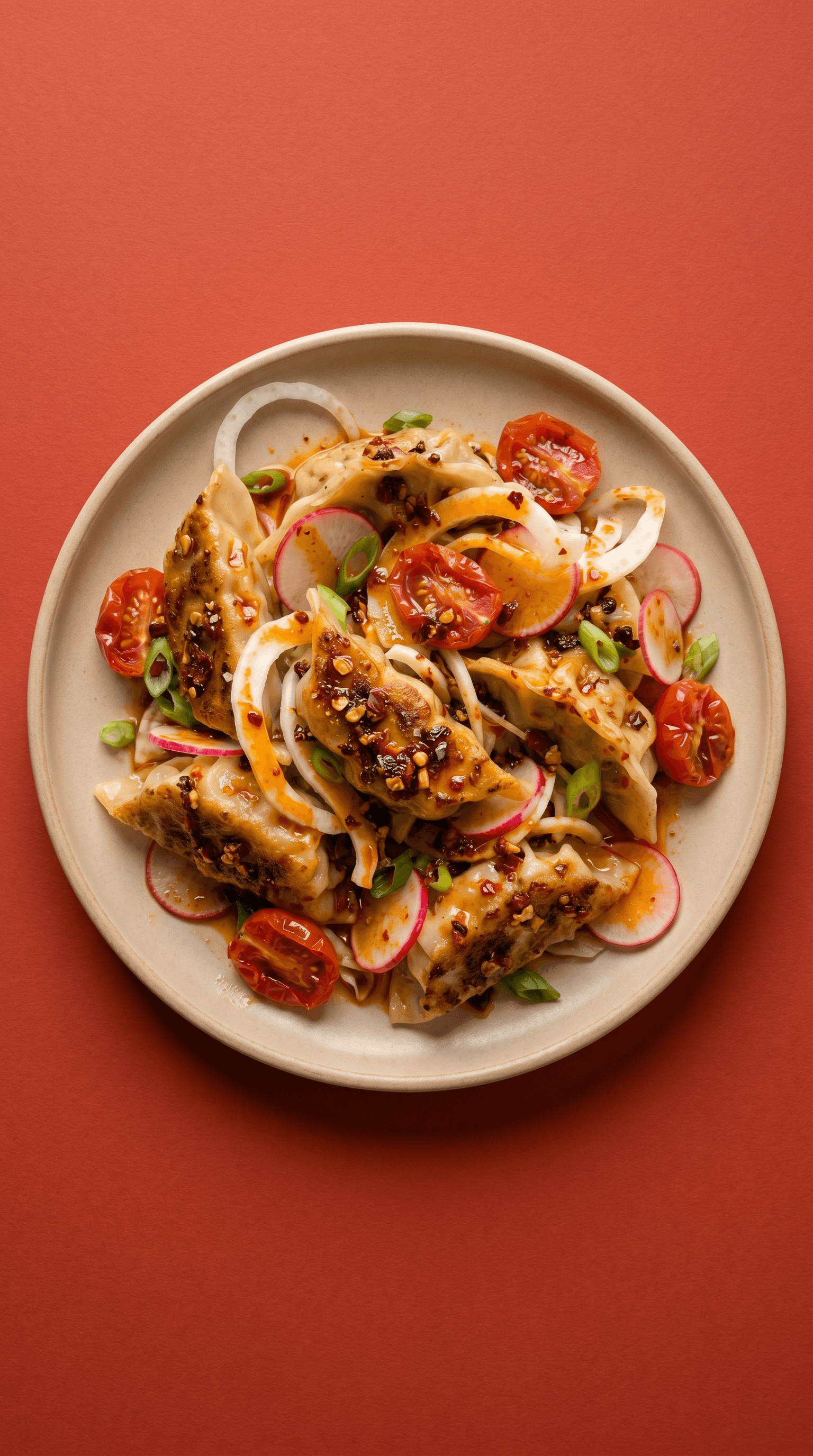 Recipe image: Spicy Vegetable Gyoza and Shaved Fennel Salad with Blistered Tomatoes and Radish