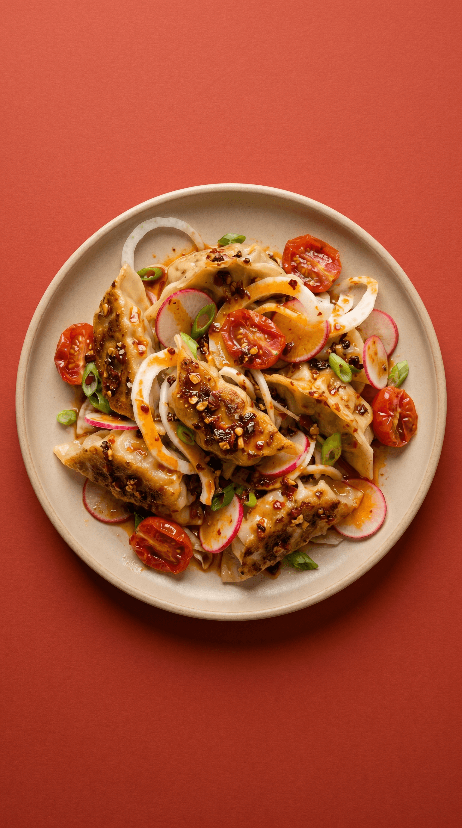 Spicy Vegetable Gyoza and Shaved Fennel Salad with Blistered Tomatoes and Radish de Mr. Saucy