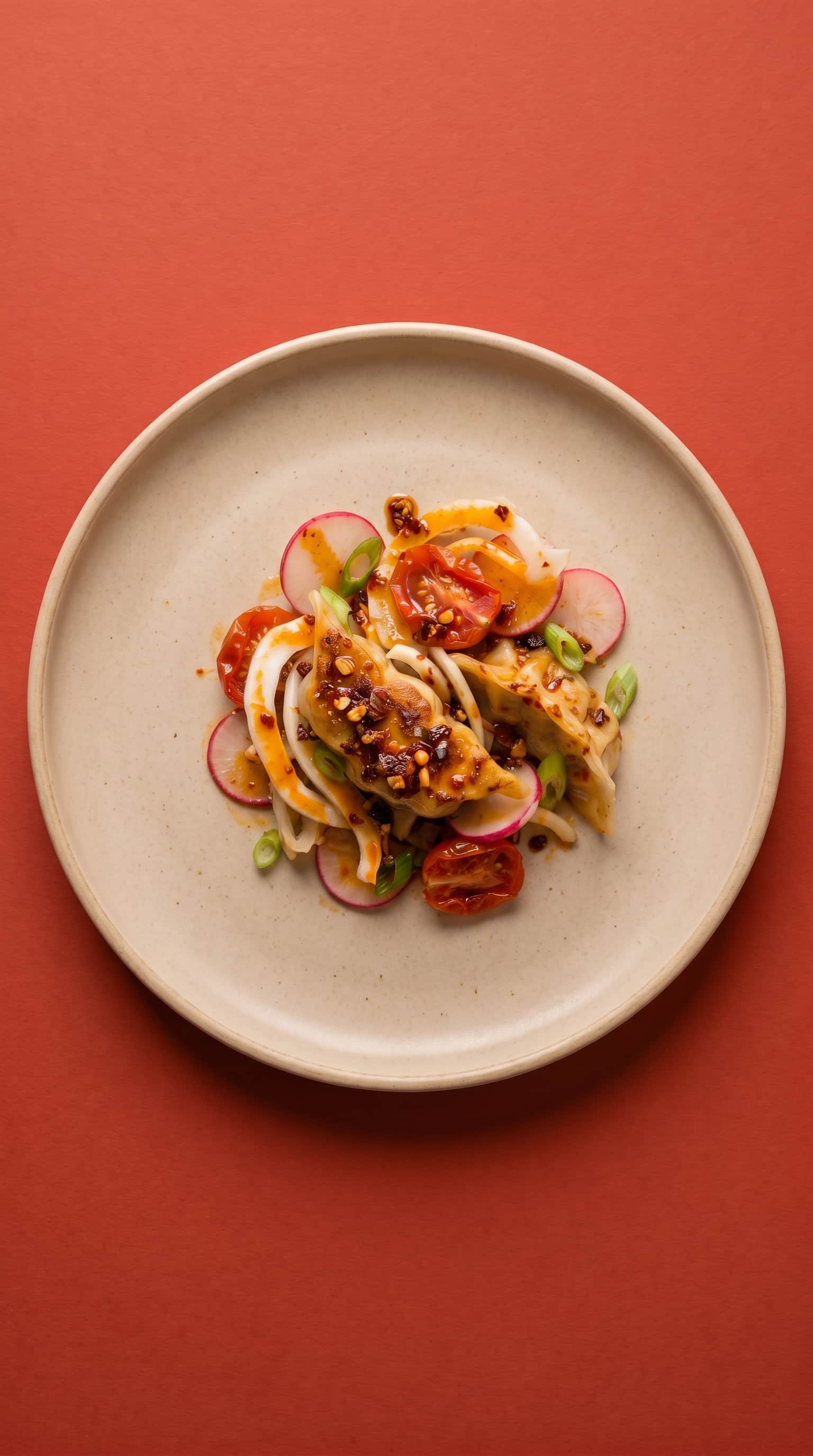 Spicy Vegetable Gyoza and Shaved Fennel Salad with Blistered Tomatoes and Radish de Mr. Saucy