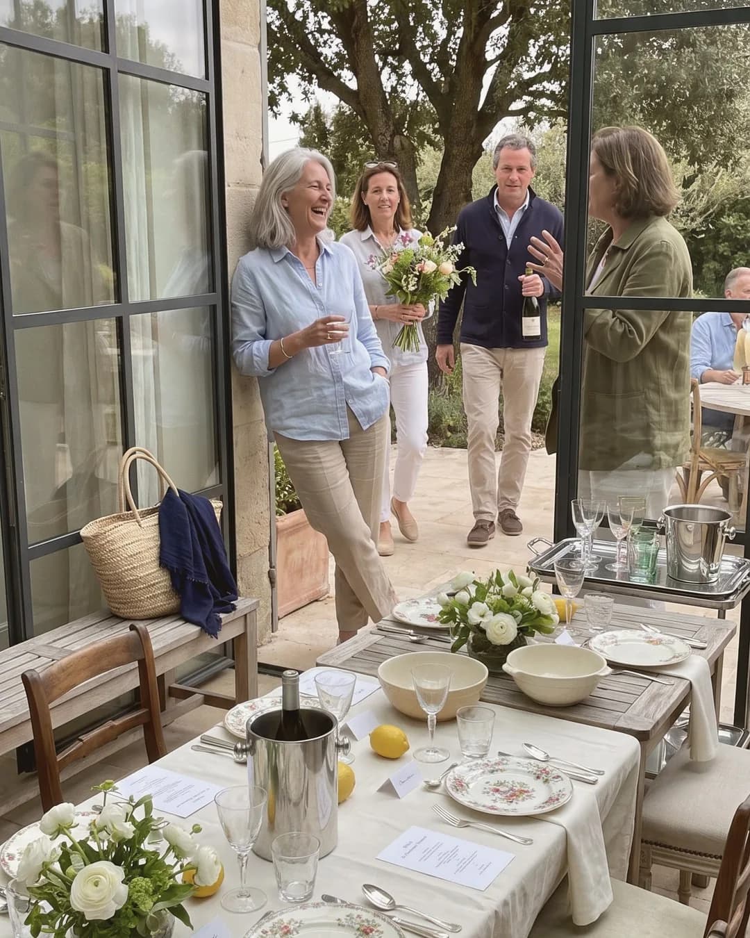 Des hôtes accueillent leurs invités autour d’une table élégamment dressée dans un jardin verdoyant
